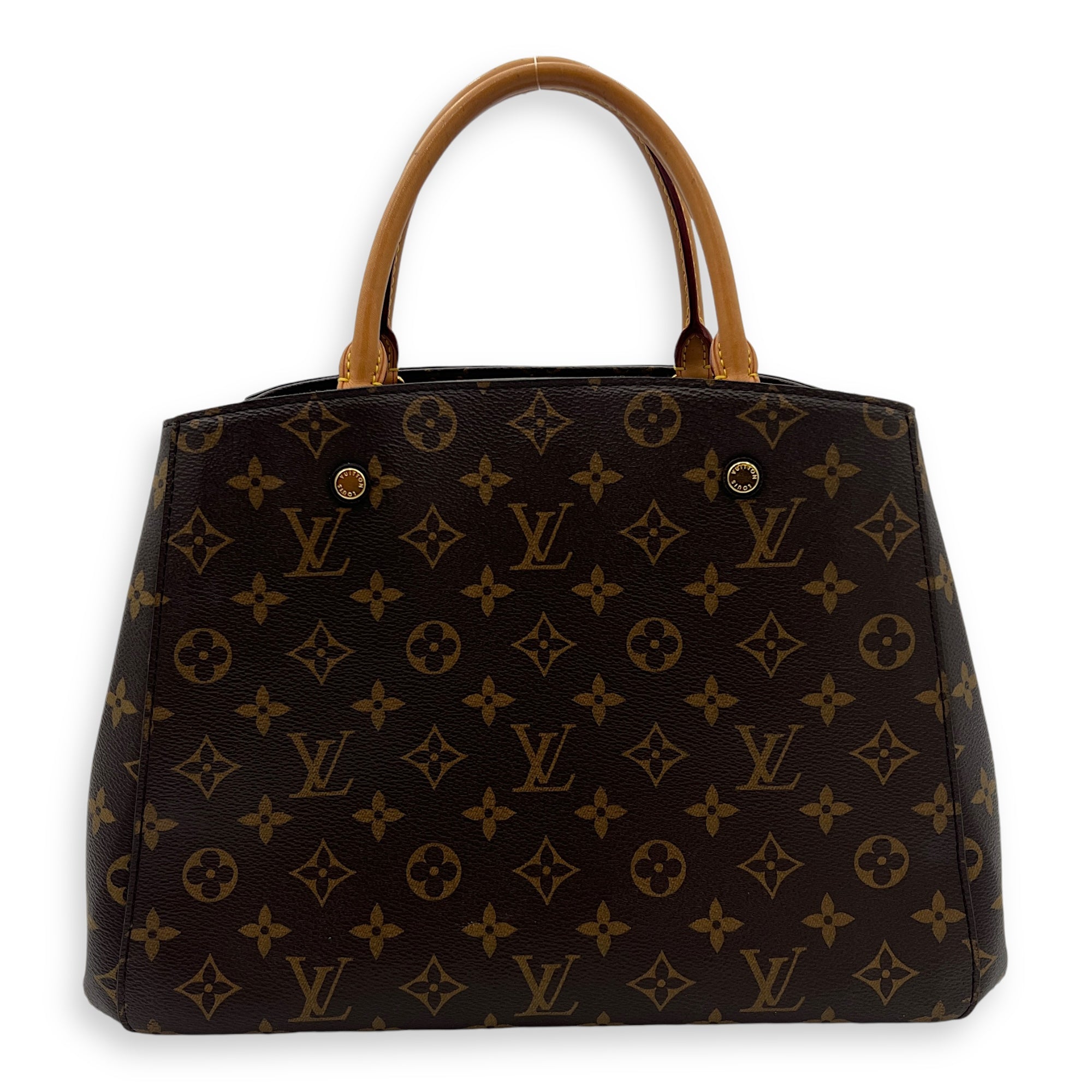 Montaigne Top Handle Bag Brown in Monogram Coated Canvas, Gold hardware