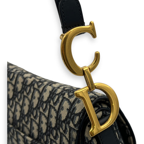 Saddle Medium Blue Shoulder Bag in Jacquard, Gold hardware