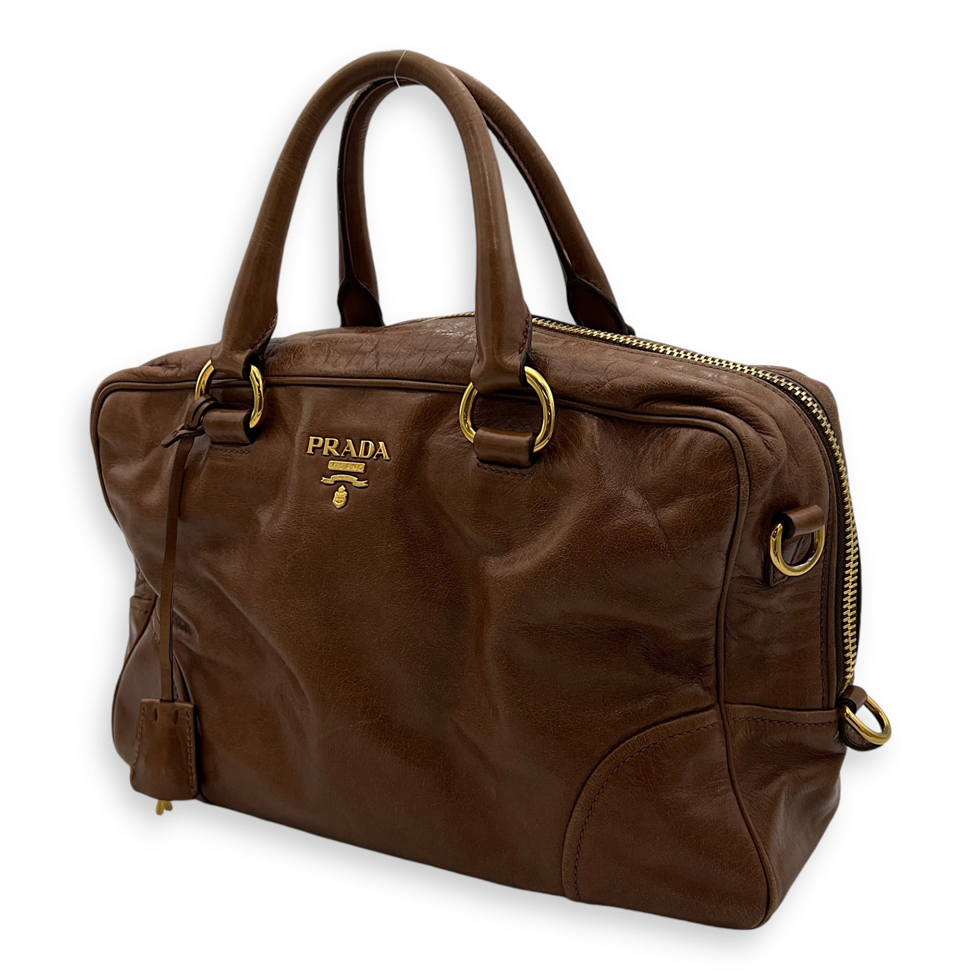 Boston Top Handle Bag Brown in Calfskin, Gold hardware