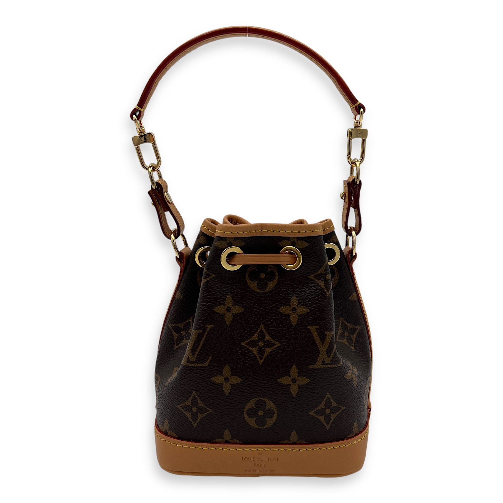 Noe Nano Brown Bucket Bag in Monogram Coated Canvas, Gold hardware