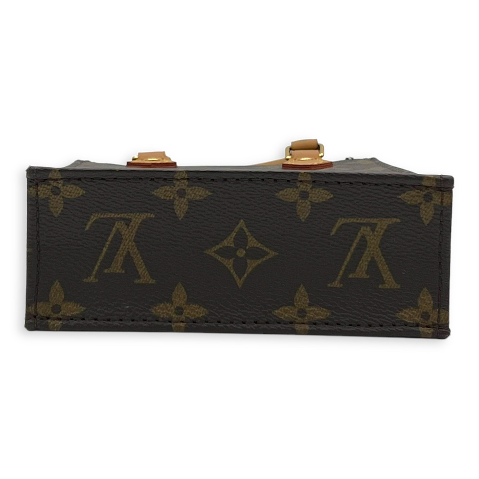 Sac Plat Mini Brown Top Handle Bag in Monogram Coated Canvas, Gold hardware