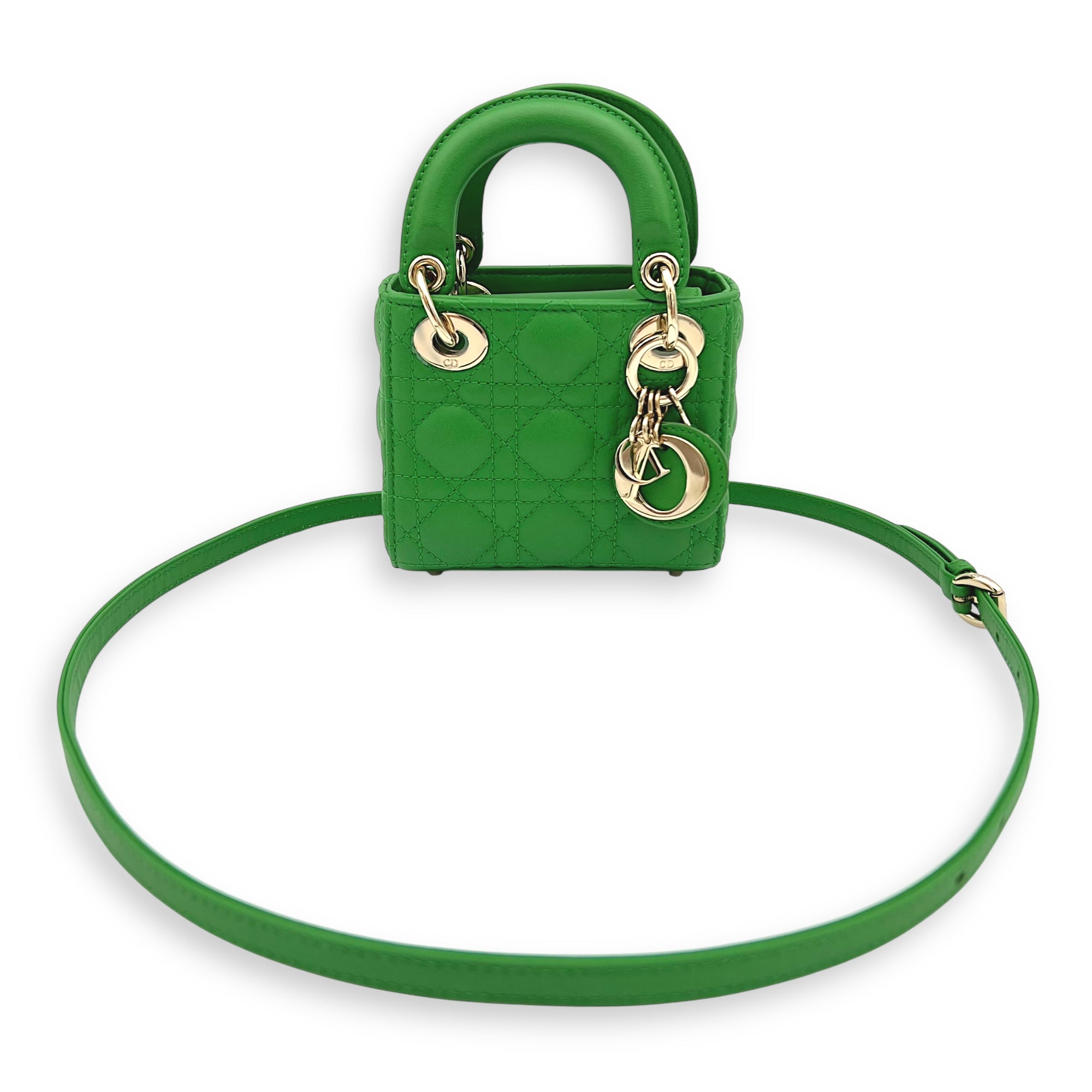 Christian Dior Lady Dior Top Handle Bag Micro Green in Lambskin, Gold hardware_5