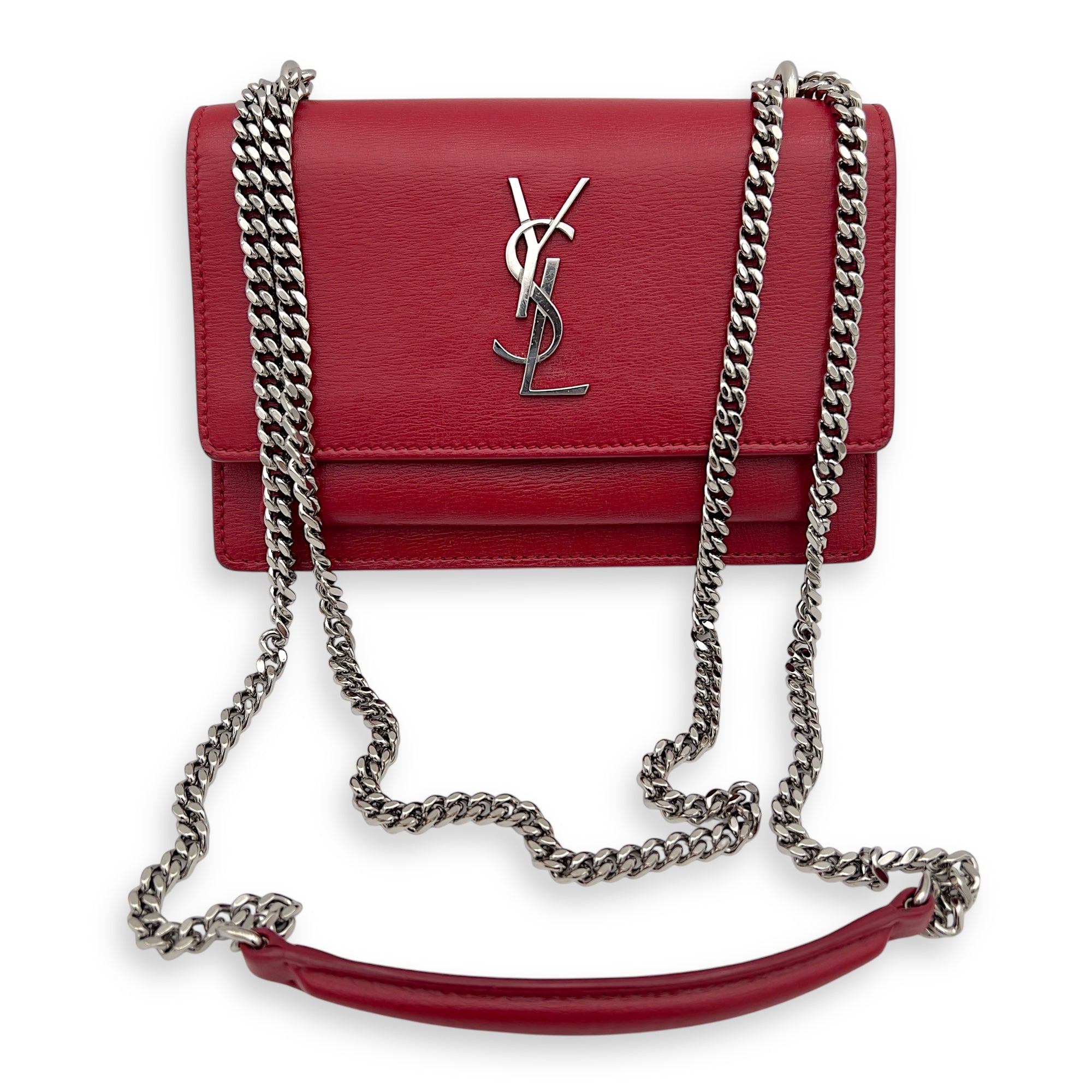 Saint Laurent Sunset Mini Red Shoulder Bag in Calfskin, Silver hardware_7