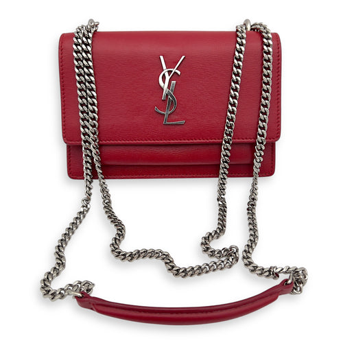 Saint Laurent Sunset Mini Red Shoulder Bag in Calfskin, Silver hardware_7