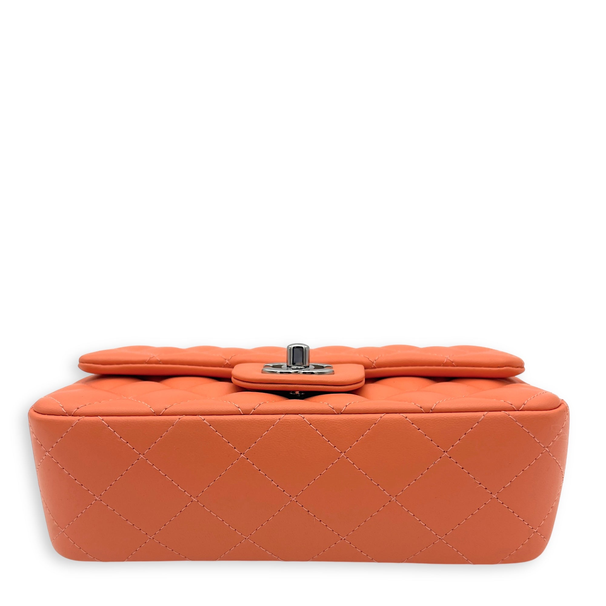 Chanel Mini Rectangle Shoulder Bag Orange in Lambskin, Silver hardware_5