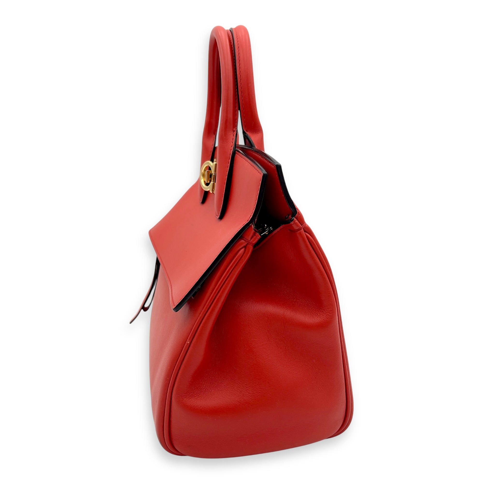 Salvatore Ferragamo Studio Red Top Handle Bag in Calfskin, Gold hardware_5