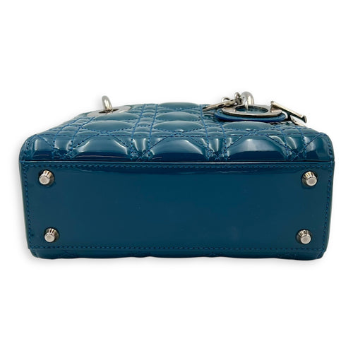 Christian Dior Lady Dior Mini Blue Top Handle Bag in Patent Leather, Silver hardware_5