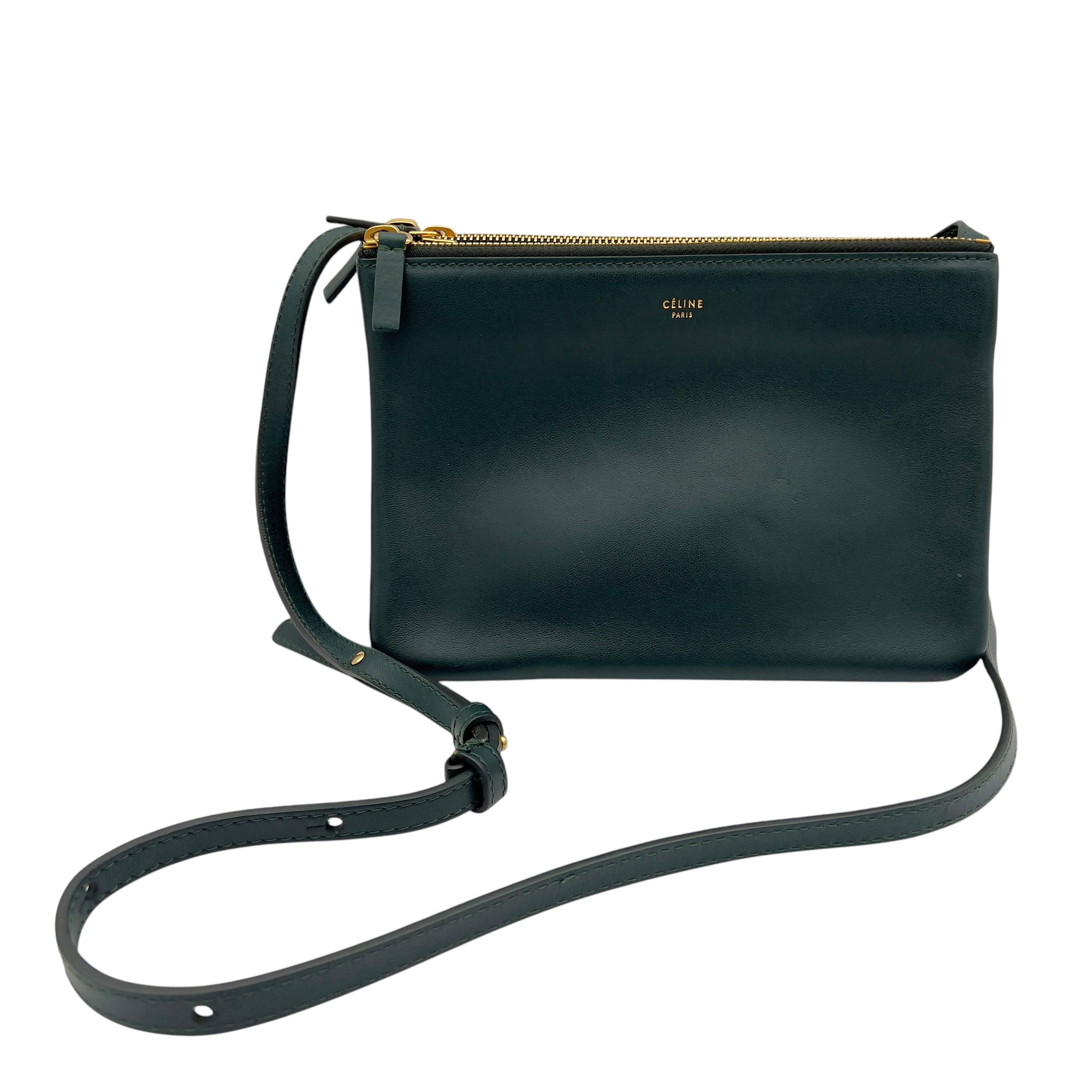 Celine Trio Crossbody Bag Green in Calfskin, Silver hardware_7