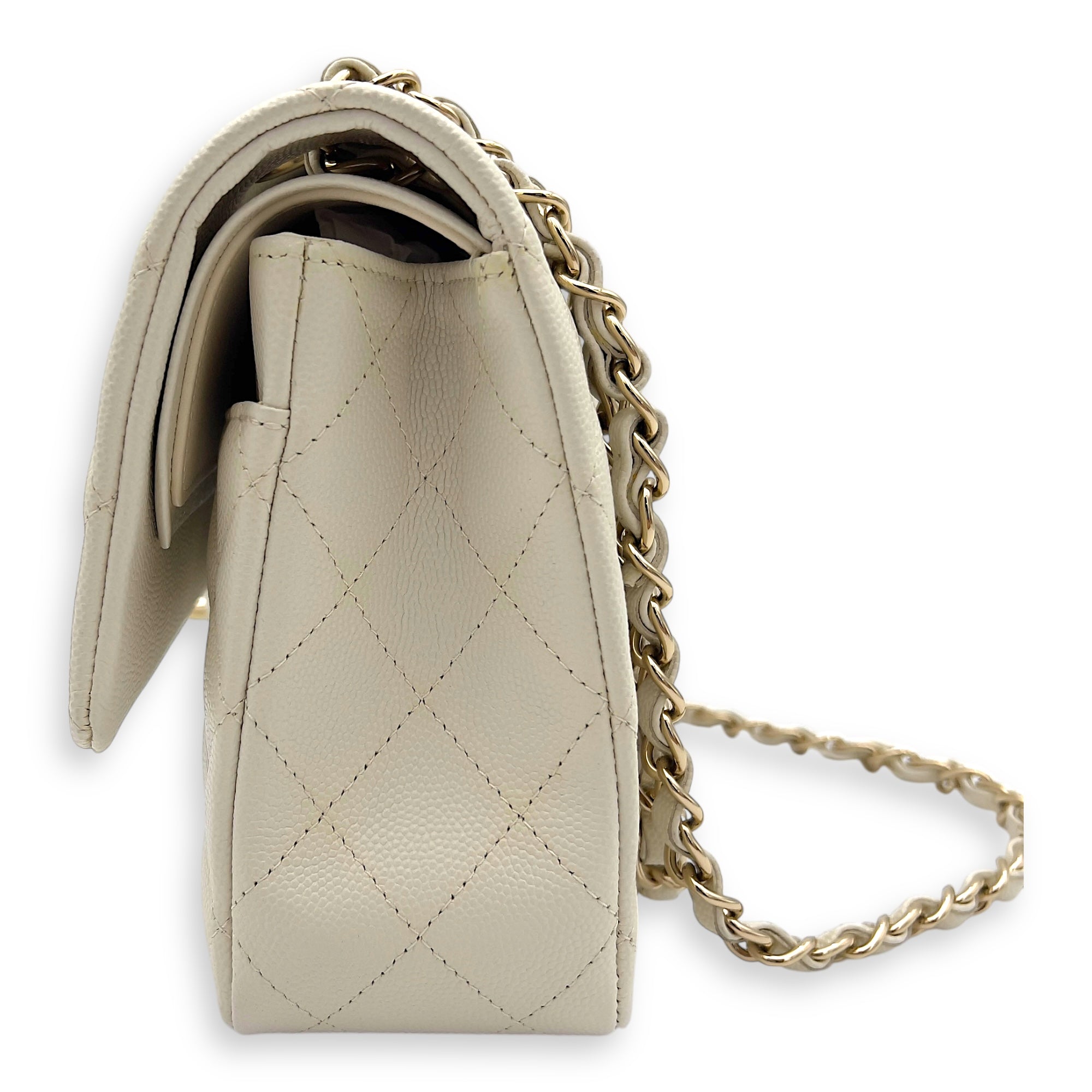 Chanel Classic Shoulder Bag White in Caviar Leather, Light Gold hardware_7