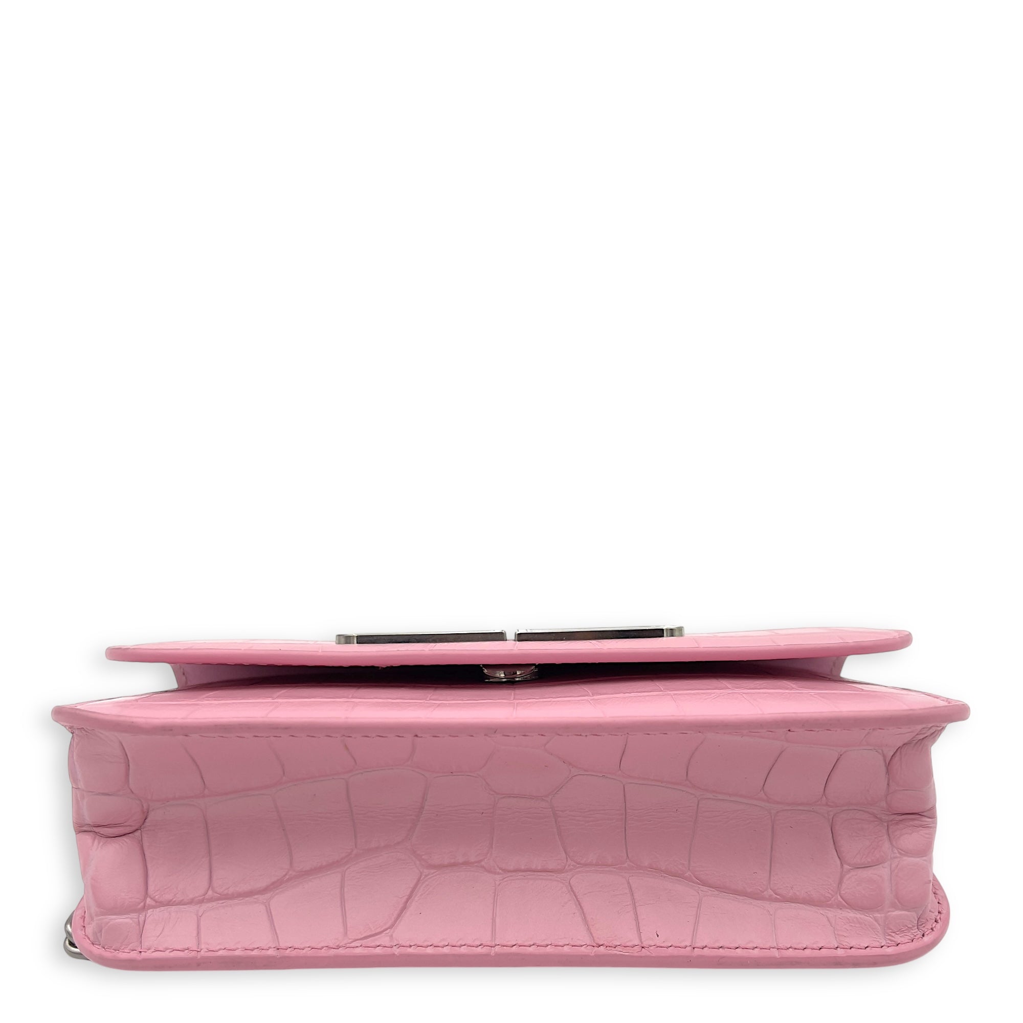 Balenciaga Gossip Pink Wallet On Chain in Crocodile Embossed Calfskin, Silver hardware_9