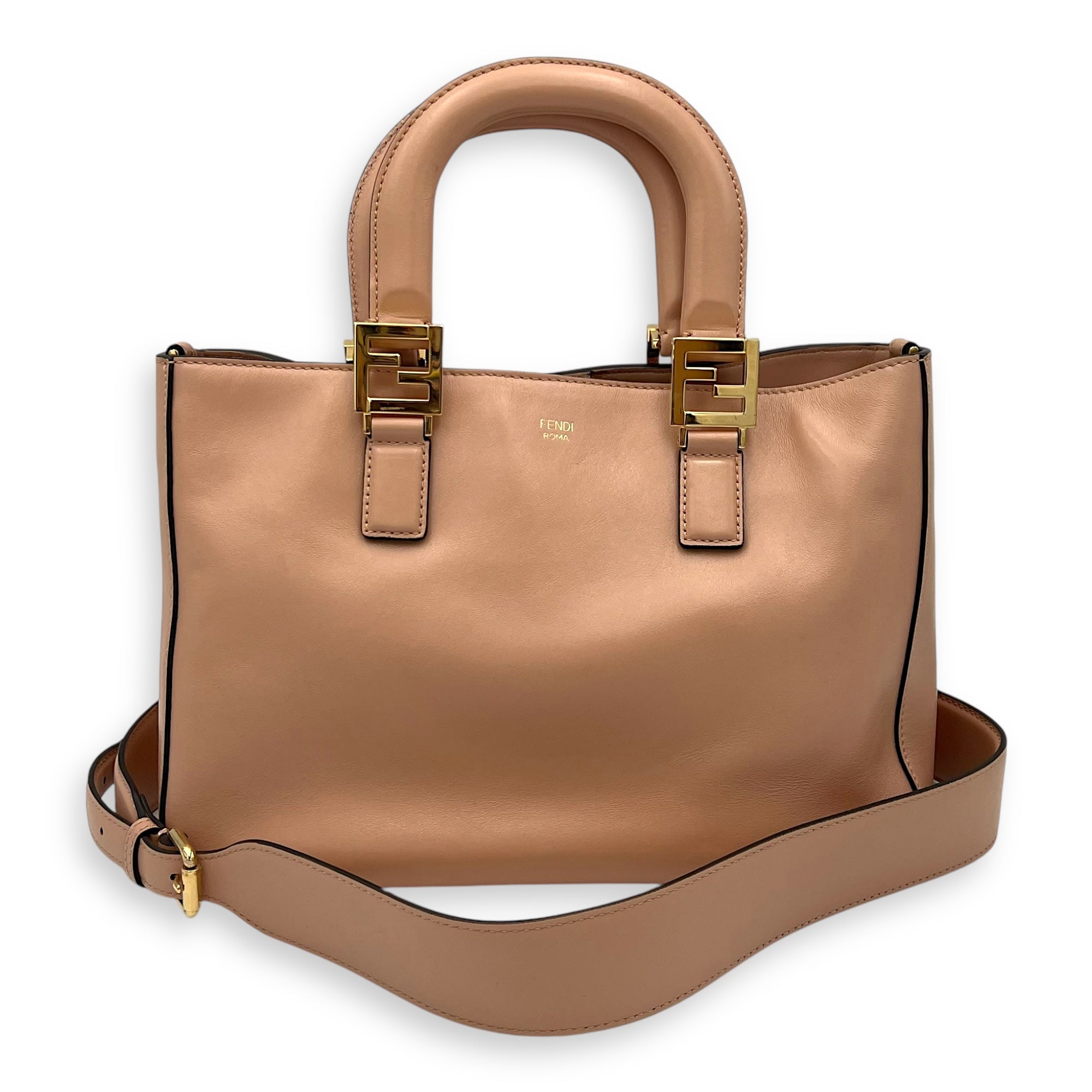 Fendi FF Logo Top Handle Bag Beige in Calfskin, Gold hardware_9