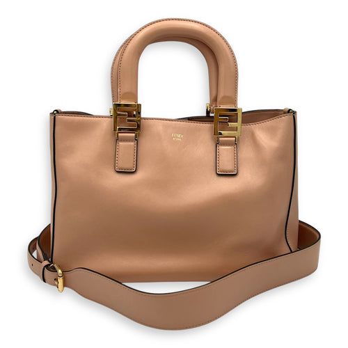 Fendi FF Logo Top Handle Bag Beige in Calfskin, Gold hardware_9