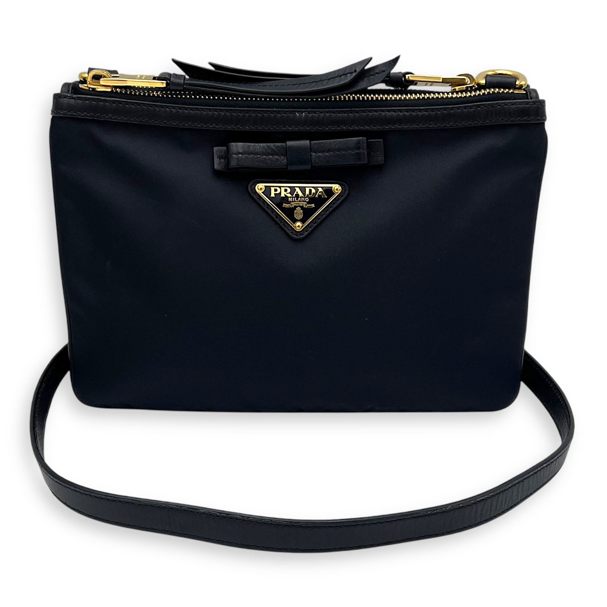 Prada Logo Crossbody Bag Black in Nylon, Gold hardware_10