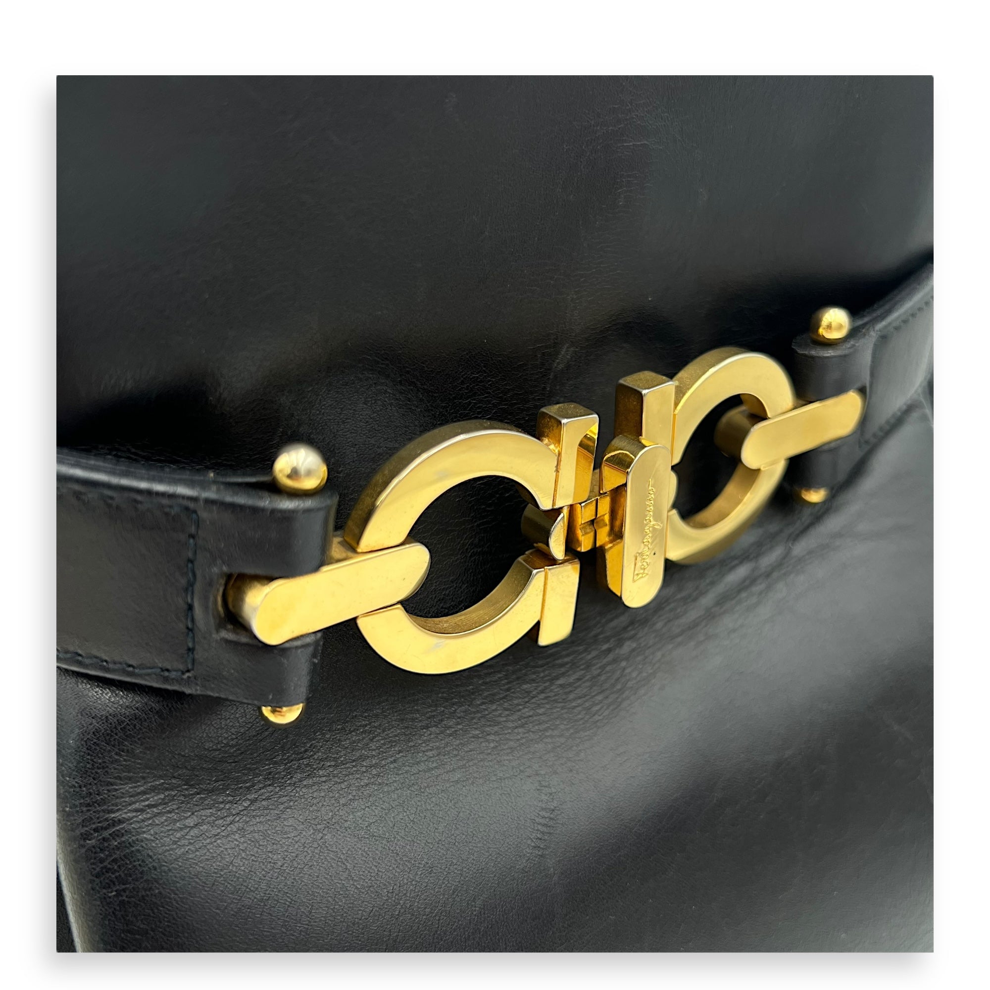 Salvatore Ferragamo Gancini Shoulder Bag Black in Calfskin, Gold hardware_11