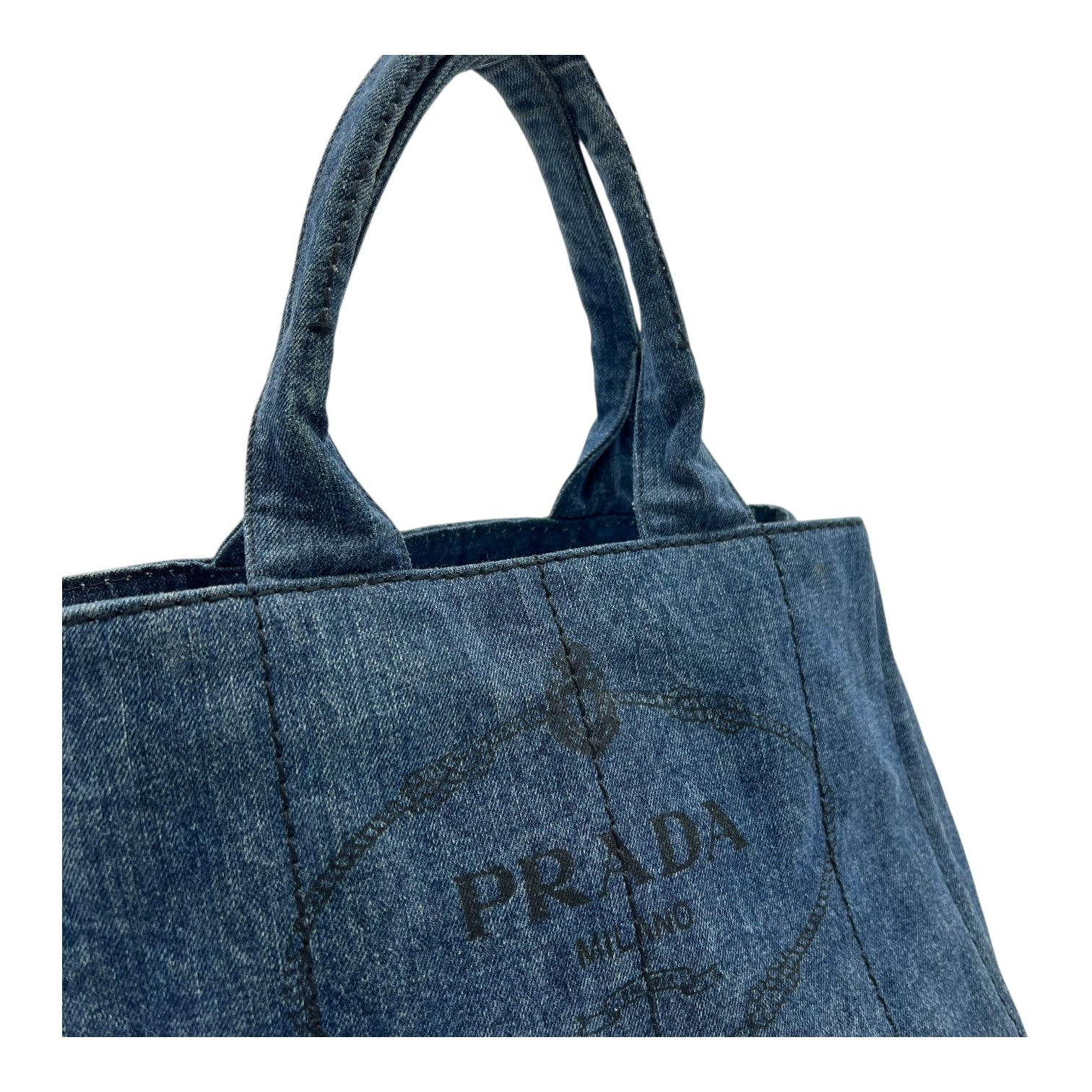 Prada Canapa Top Handle Bag Blue in Denim, Gold hardware_5