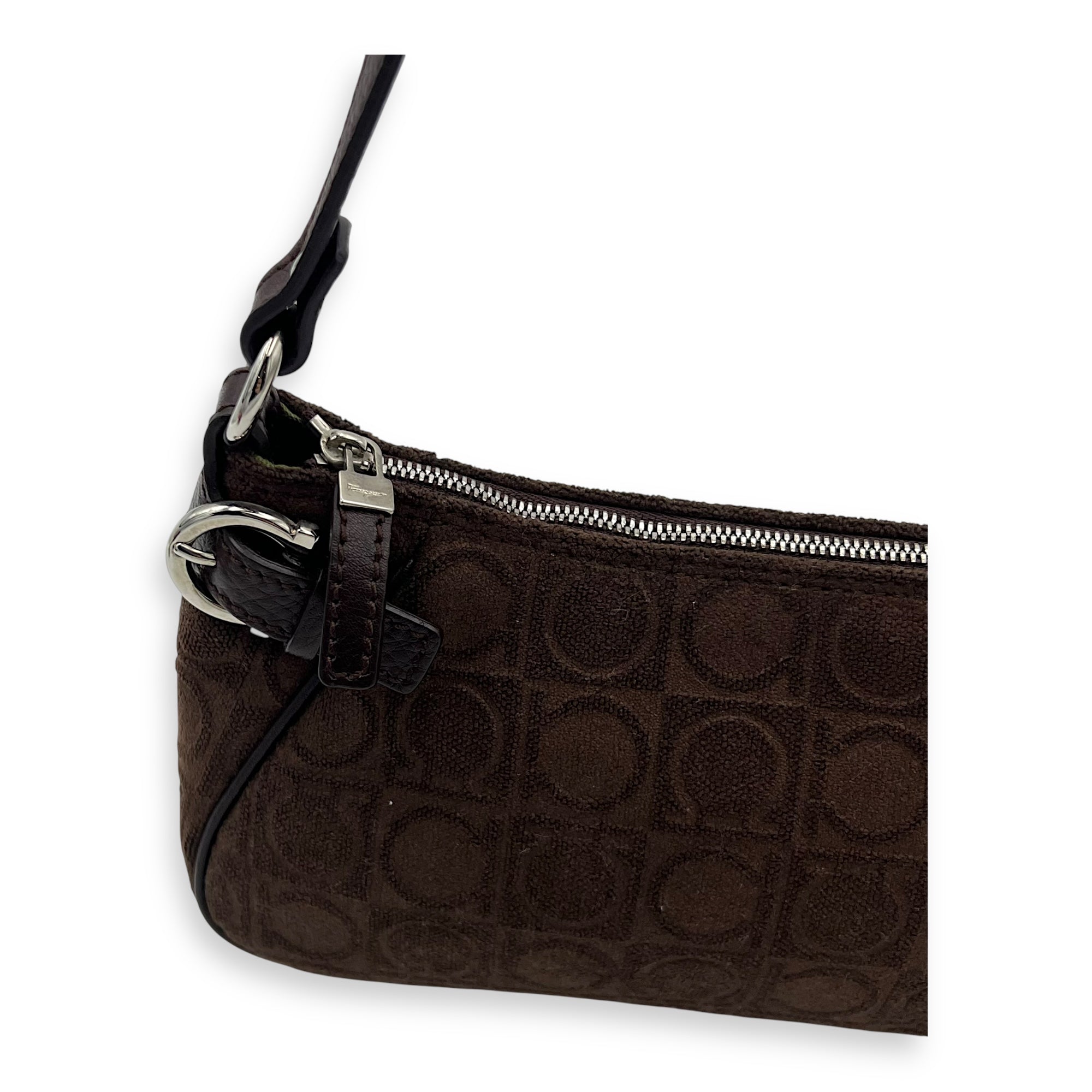 Salvatore Ferragamo Gancini Brown Shoulder Bag in Fabric, Silver hardware_7
