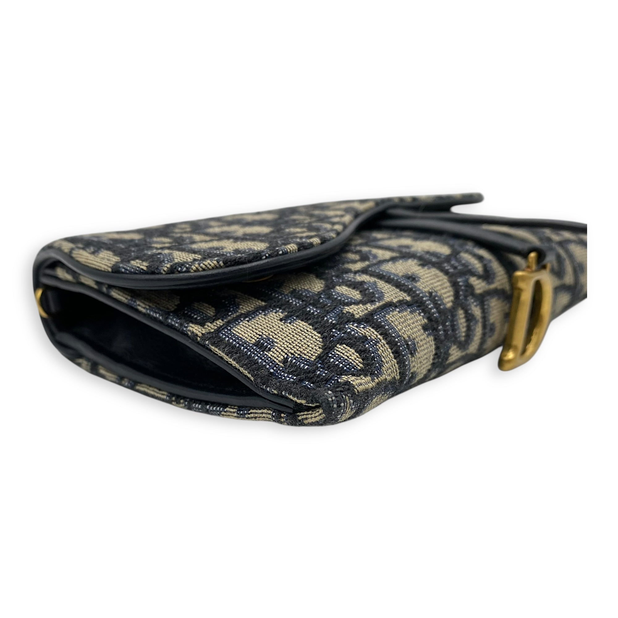 Christian Dior Saddle Wallet On Chain Blue in Jacquard, Gold hardware_7