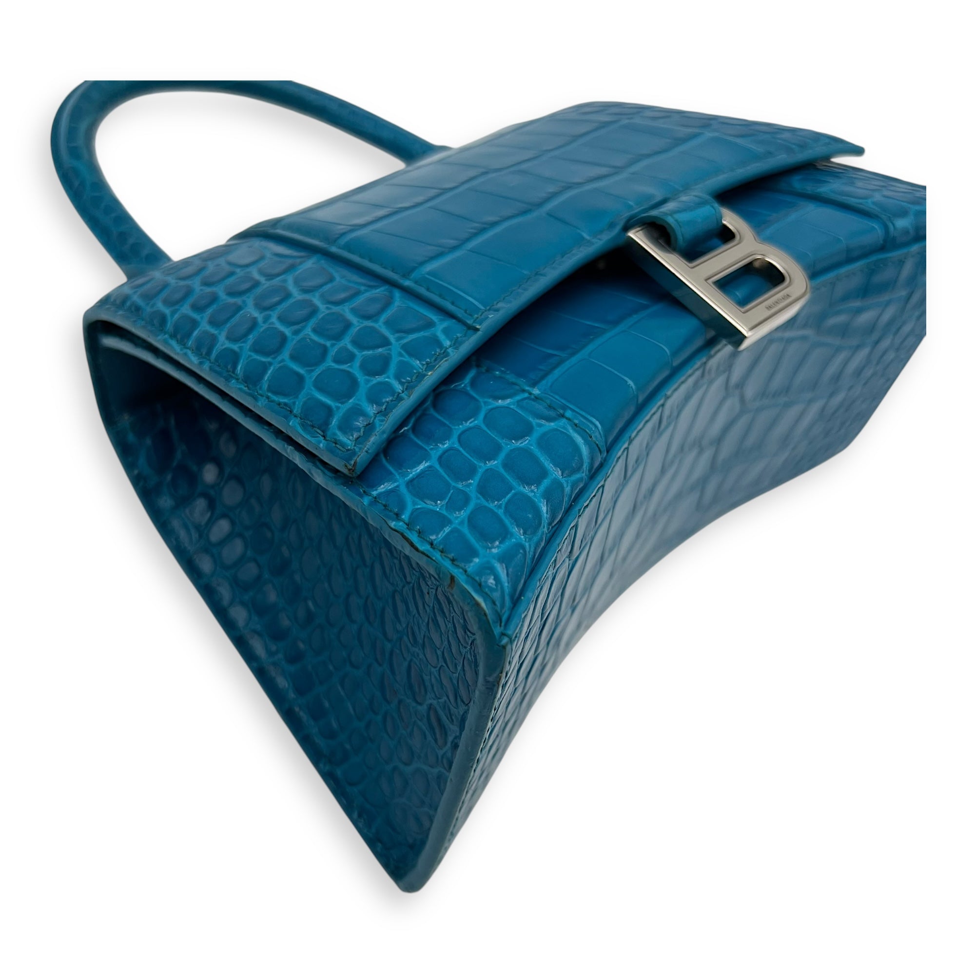 Balenciaga Hourglass Top Handle Bag Blue in Crocodile Embossed Calfskin, Silver hardware_7