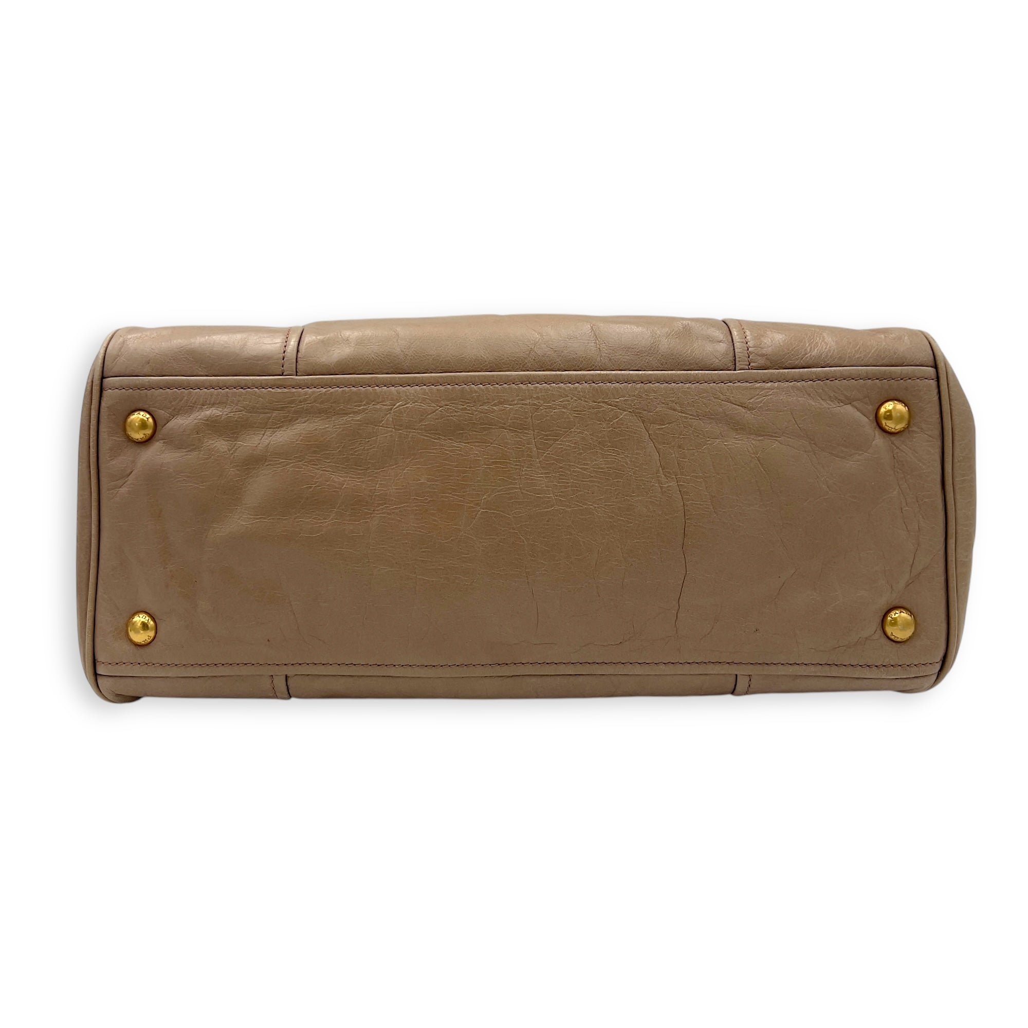 Prada Logo Top Handle Bag Beige in Calfskin, Gold hardware_5