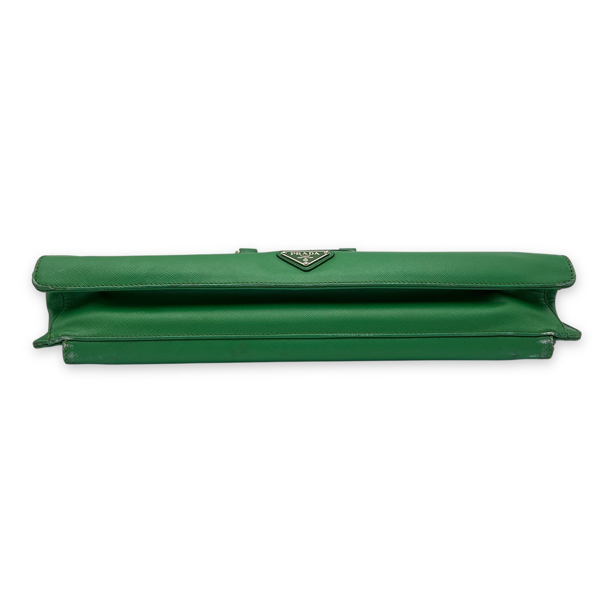 Prada Logo Briefcase Green in Saffiano Leather, Silver hardware_5