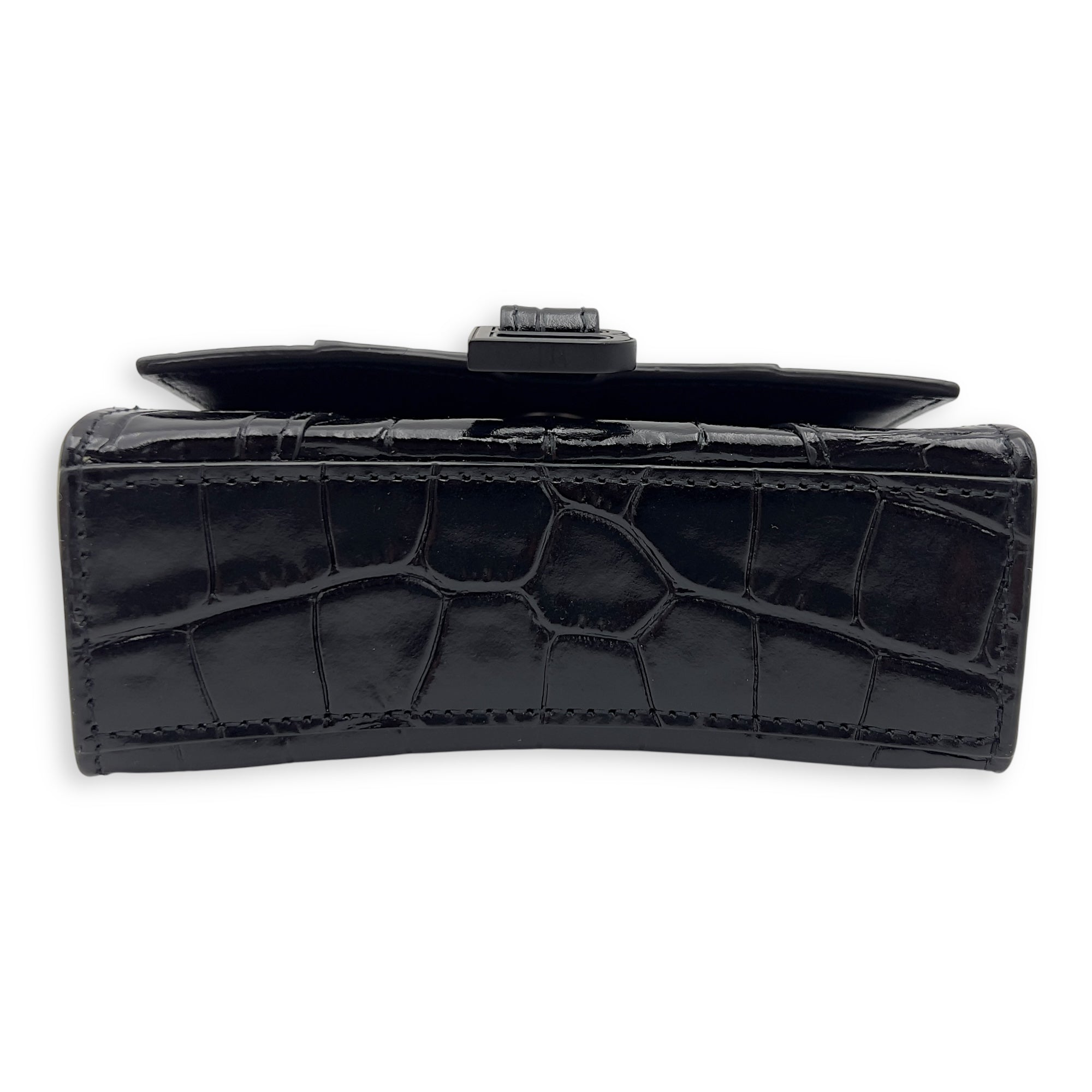 Balenciaga Hourglass Mini Black Top Handle Bag in Crocodile Embossed Calfskin, Lacquered Metal hardware_4