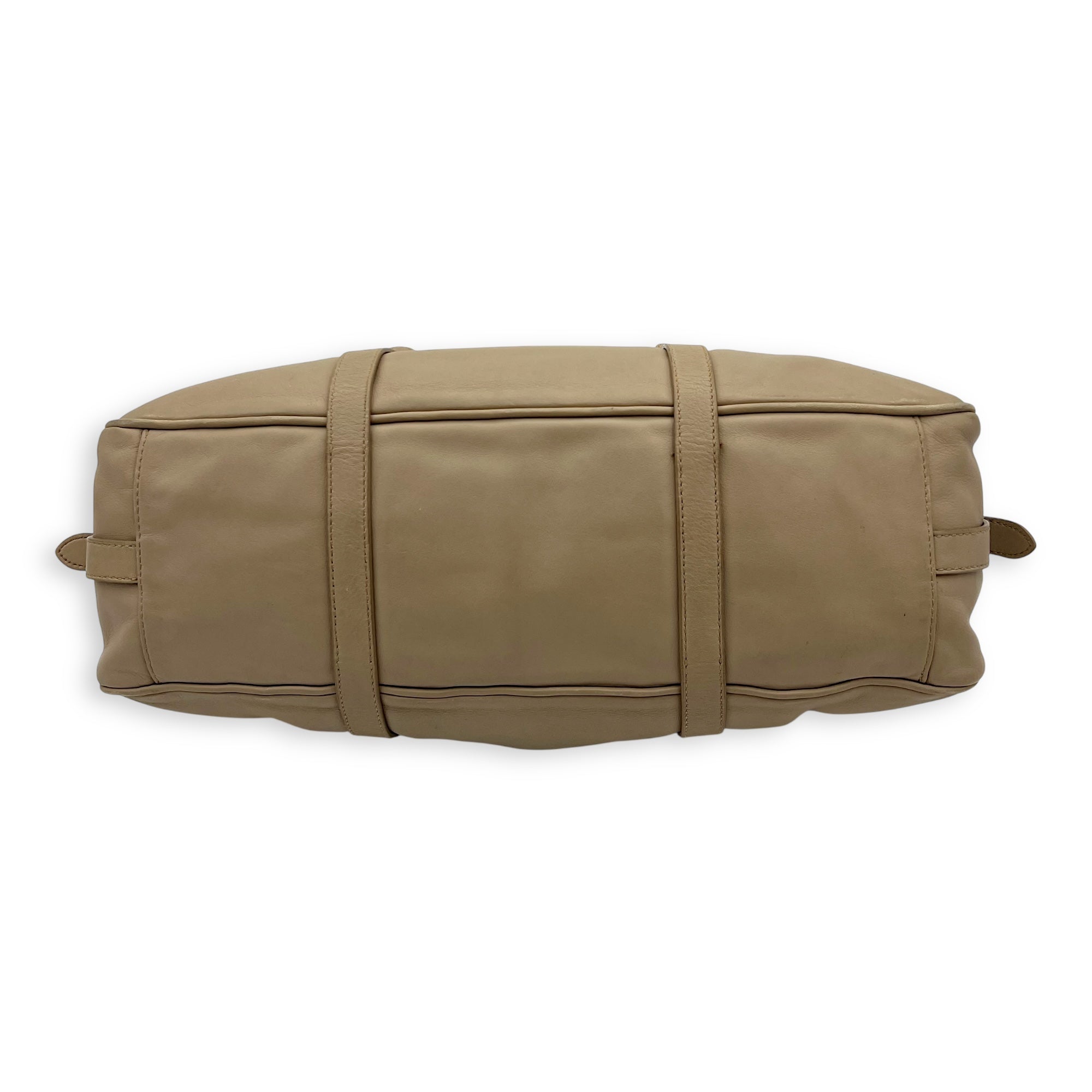 Prada Logo Top Handle Bag Beige in Calfskin, Gold hardware_5
