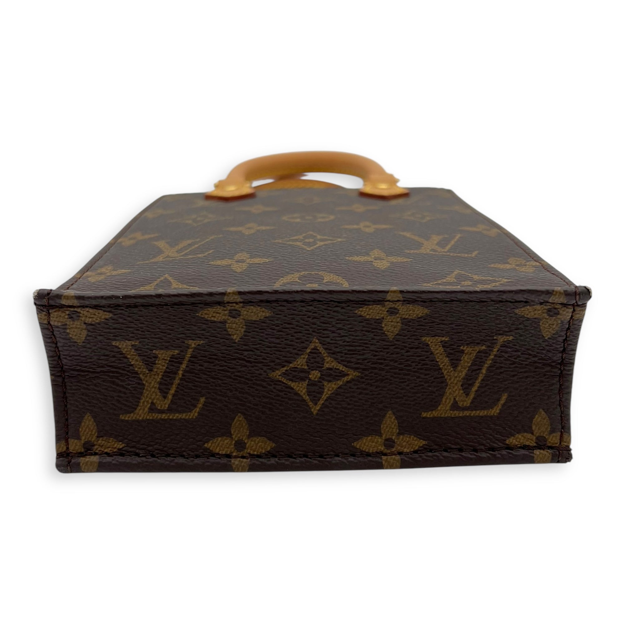 Louis Vuitton Sac Plat Top Handle Bag Petite Brown in Monogram Coated Canvas, Gold hardware_8