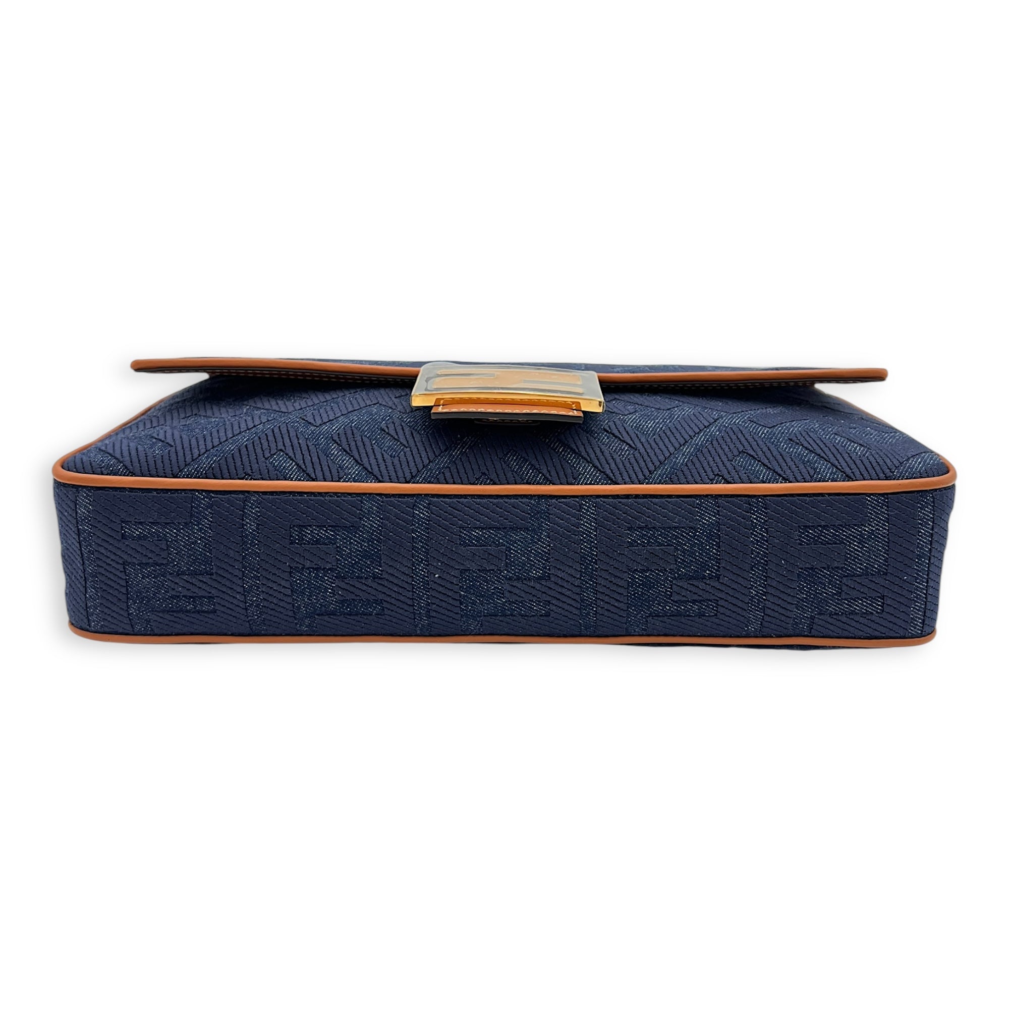 Fendi Baguette Shoulder Bag Blue in Denim, Gold hardware_9