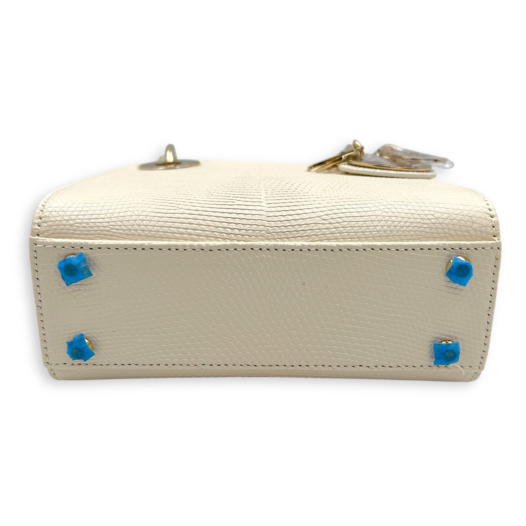 Dior Lady Dior Top Handle Bag Mini White in Lizard, Gold hardware_5