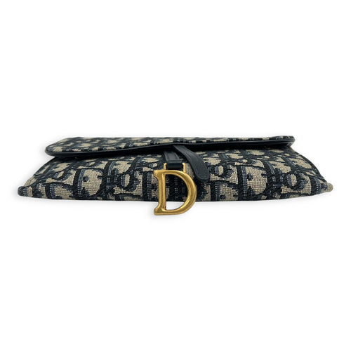 Dior Saddle Blue Wallet On Chain in Jacquard, Gold hardware_7