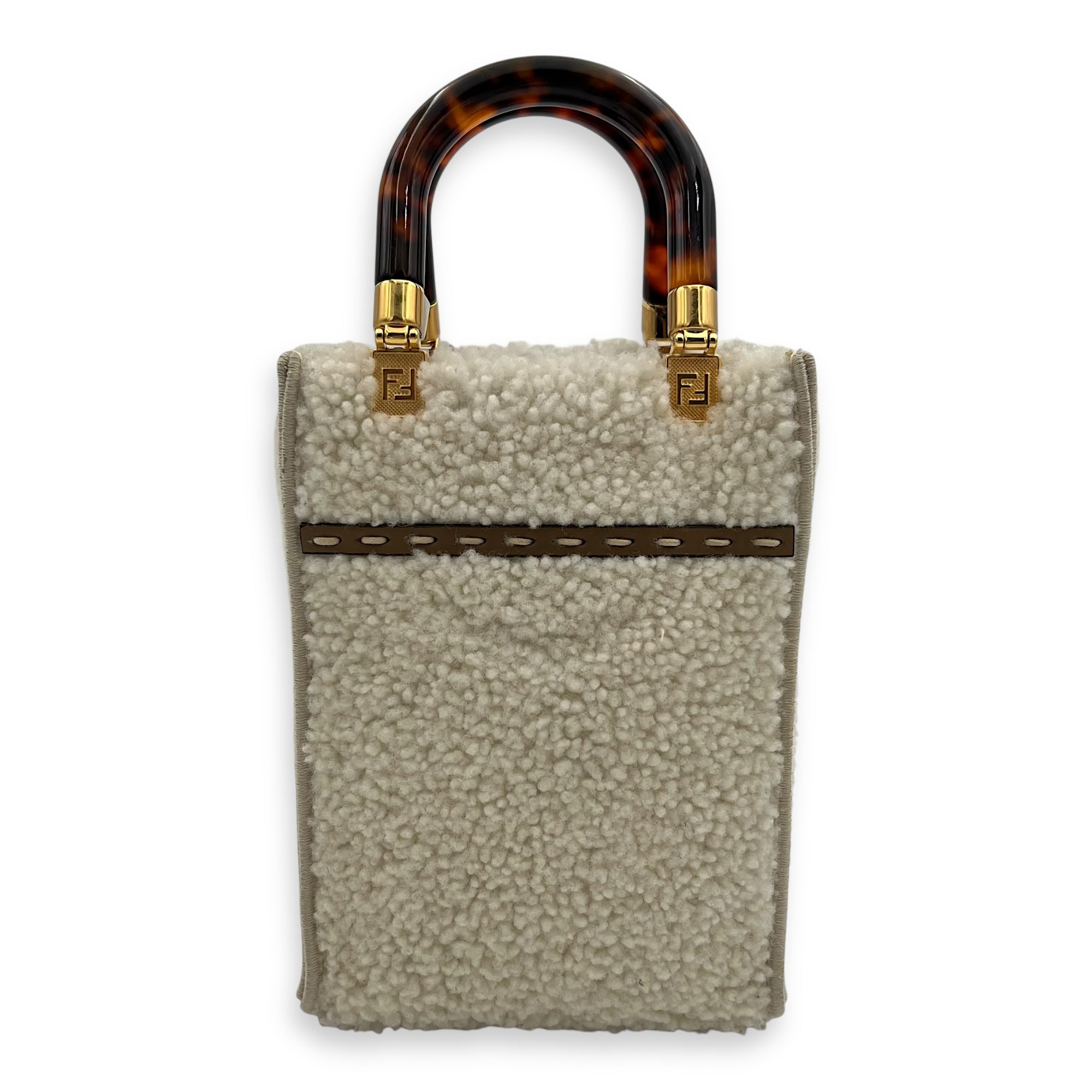 Fendi Sunshine Shoulder Bag White in Faux Fur, Gold hardware_2