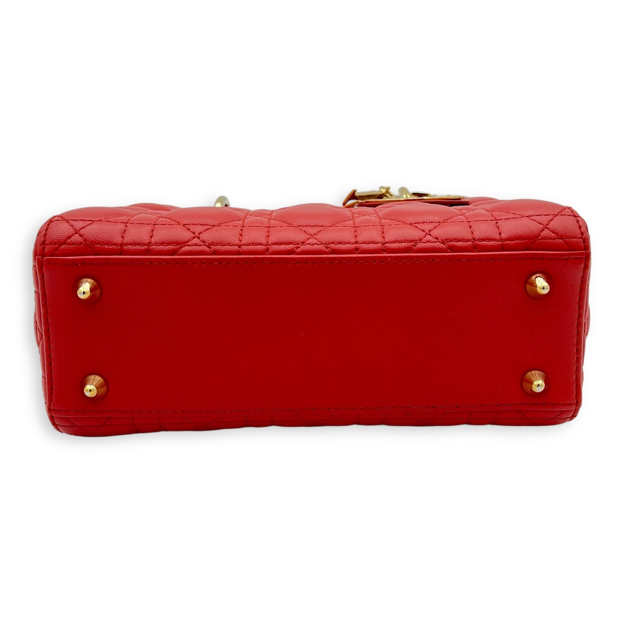 Dior Lady Dior Small Red Top Handle Bag in Lambskin, Gold hardware_6