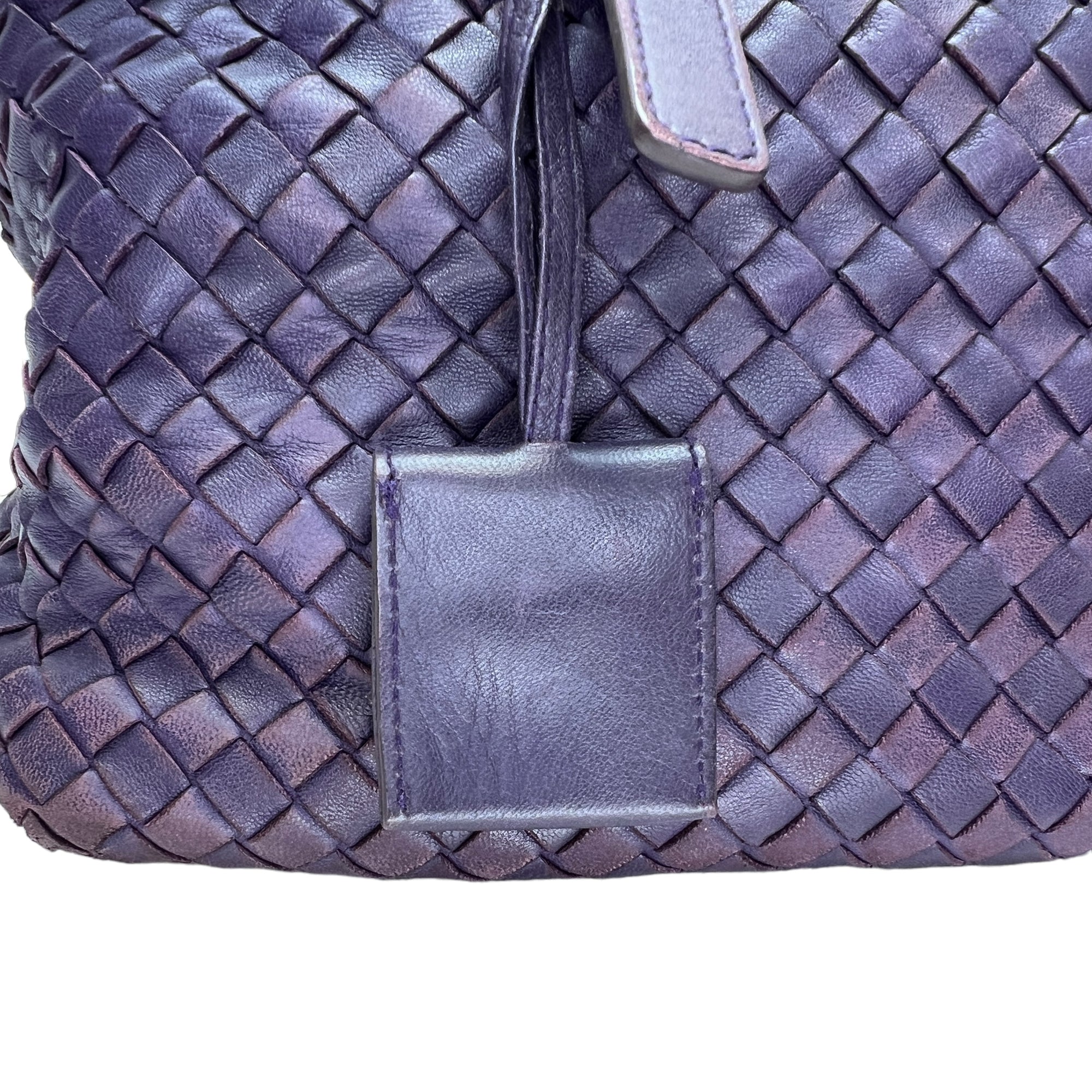 Boston Purple Top Handle Bag in Intrecciato Leather, Brushed Gold hardware