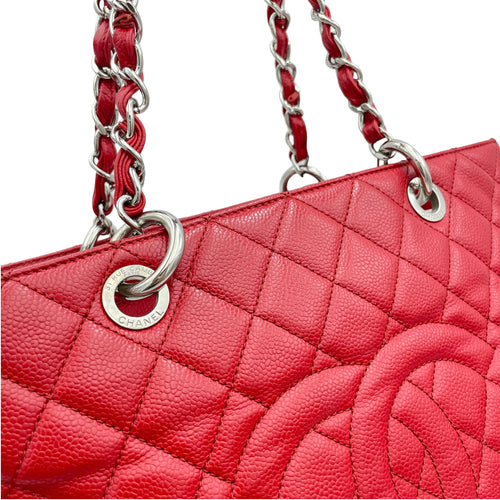 GST Red Tote Bag in Caviar Leather, Sliver hardware