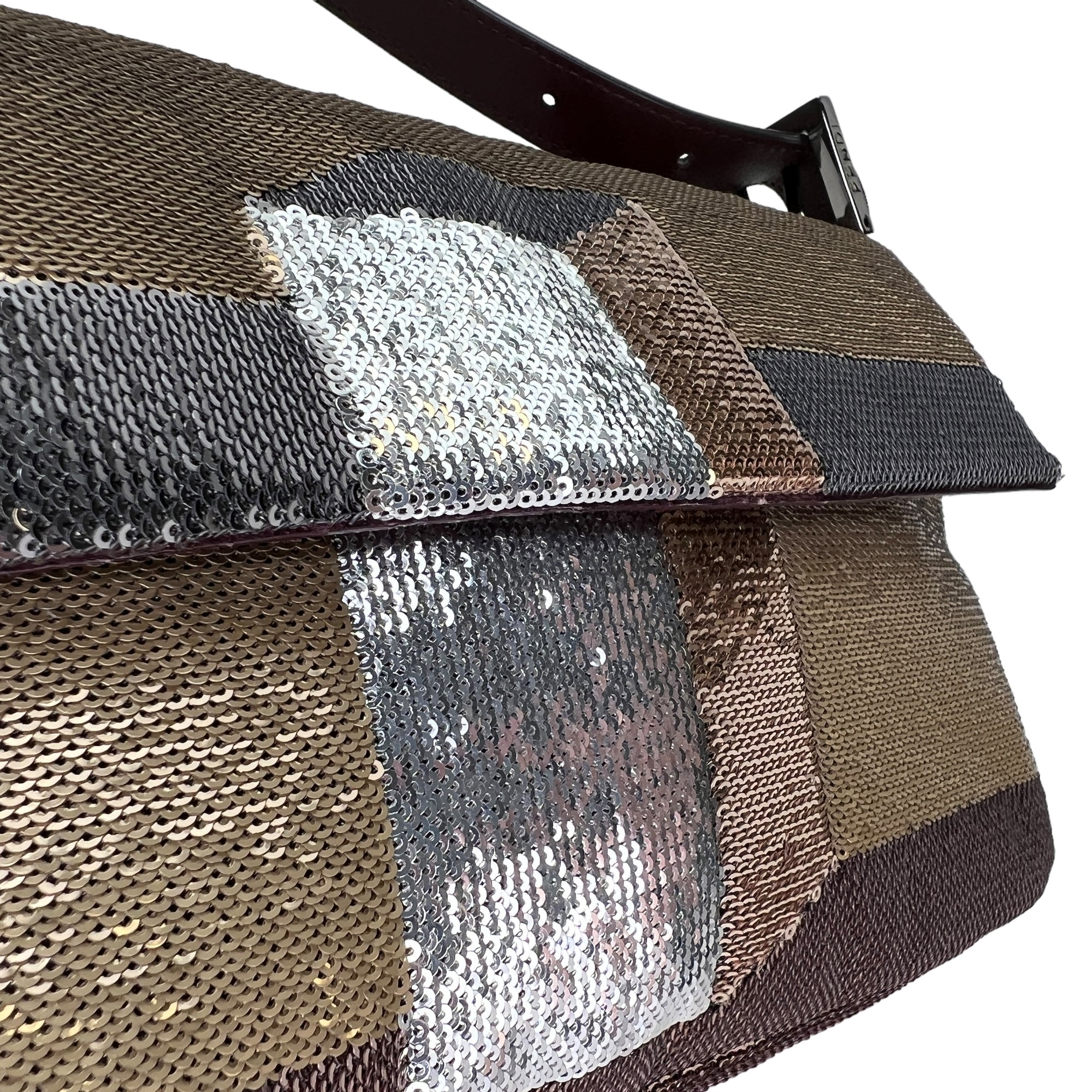 Baguette Abstract Blocks Brown Shoulder Bag in Sequins, Silver hardware