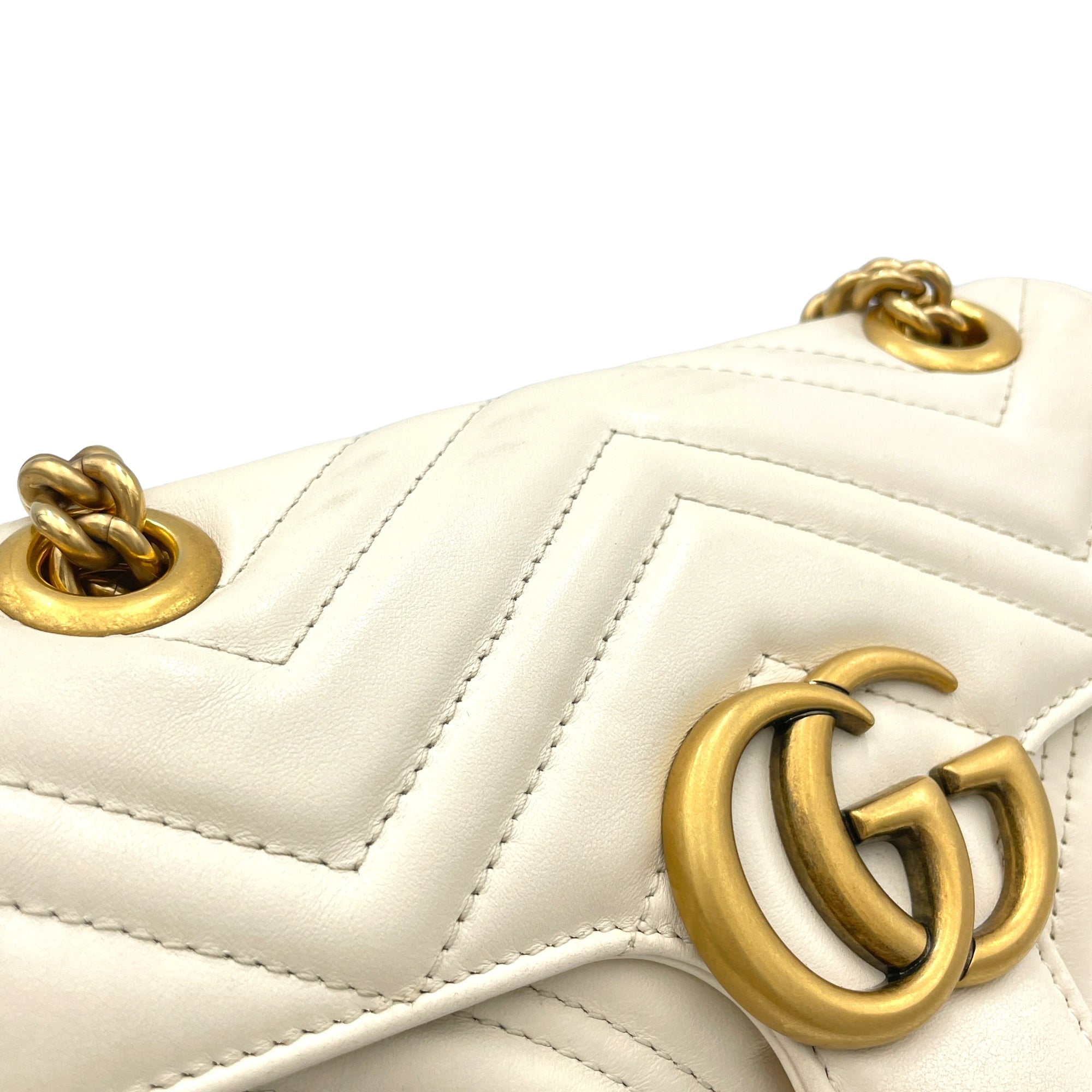 GG Marmont Mini White Shoulder Bag in Calfskin, Brushed Gold hardware