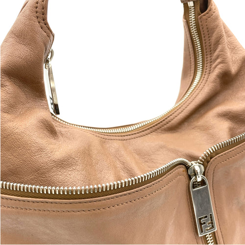 Hobo Brown Shoulder Bag in Calfskin, Silver hardware