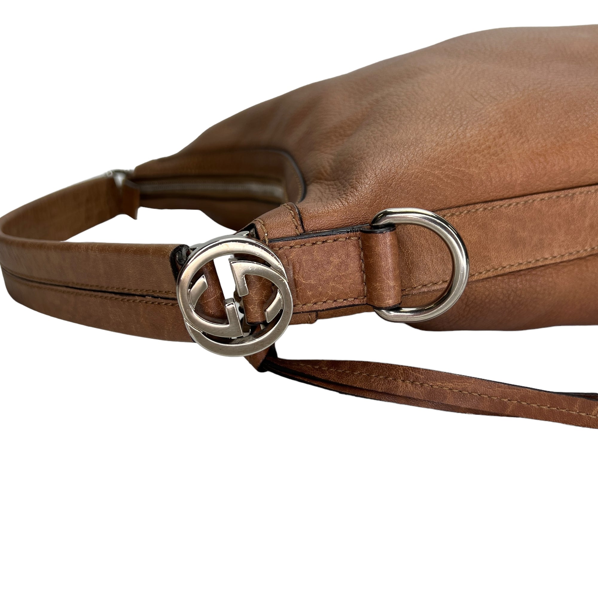 hobo Brown Shoulder Bag in Calfskin, Silver hardware