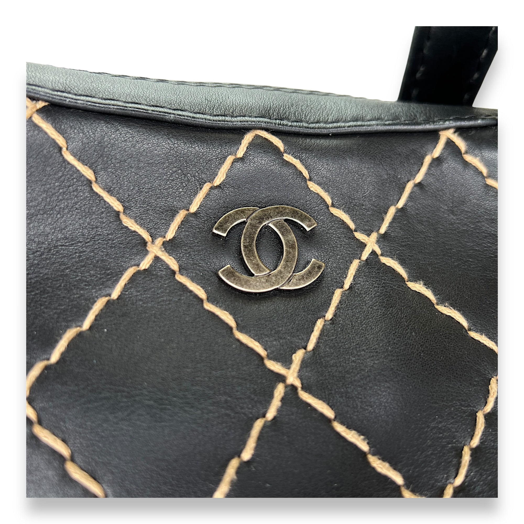 Wild Stitch Black Top Handle Bag in Calfskin, Ruthenium hardware