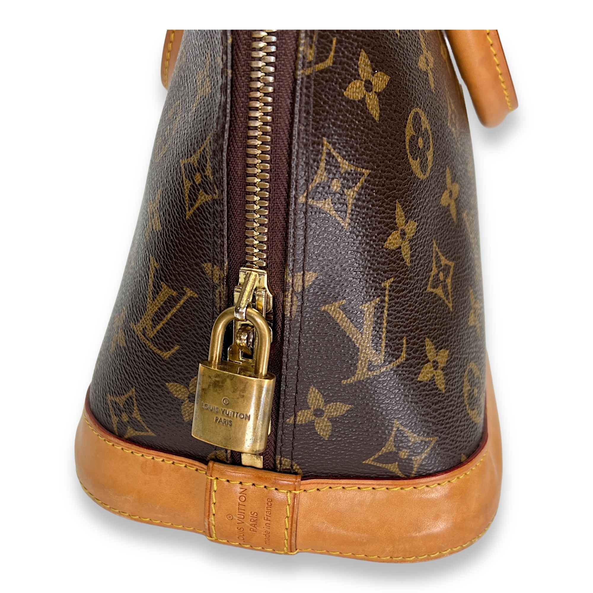 Alma PM Brown Top Handle Bag in Monogram Coated Canvas, Gold hardware