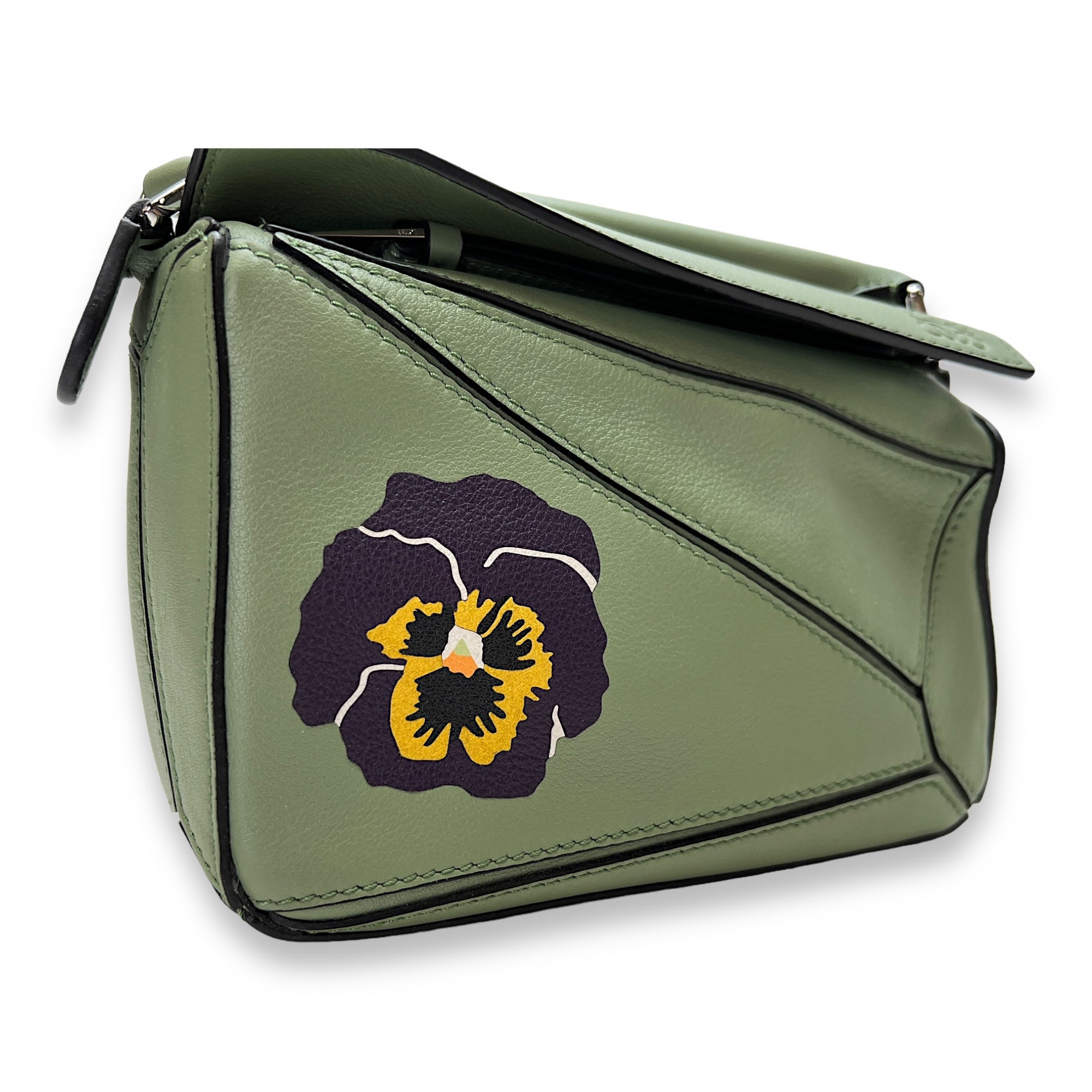 Joe Brainard Pansies Puzzle Mini Green Crossbody Bag in Calfskin, Silver hardware