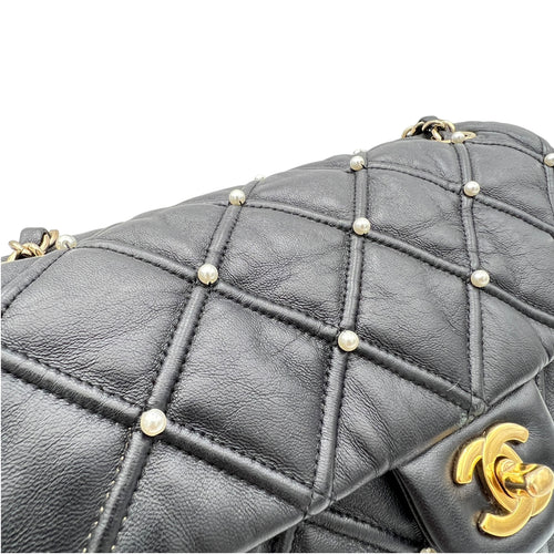 Pearl studded flap Medium Black Crossbody Bag in Calfskin, Gold hardware