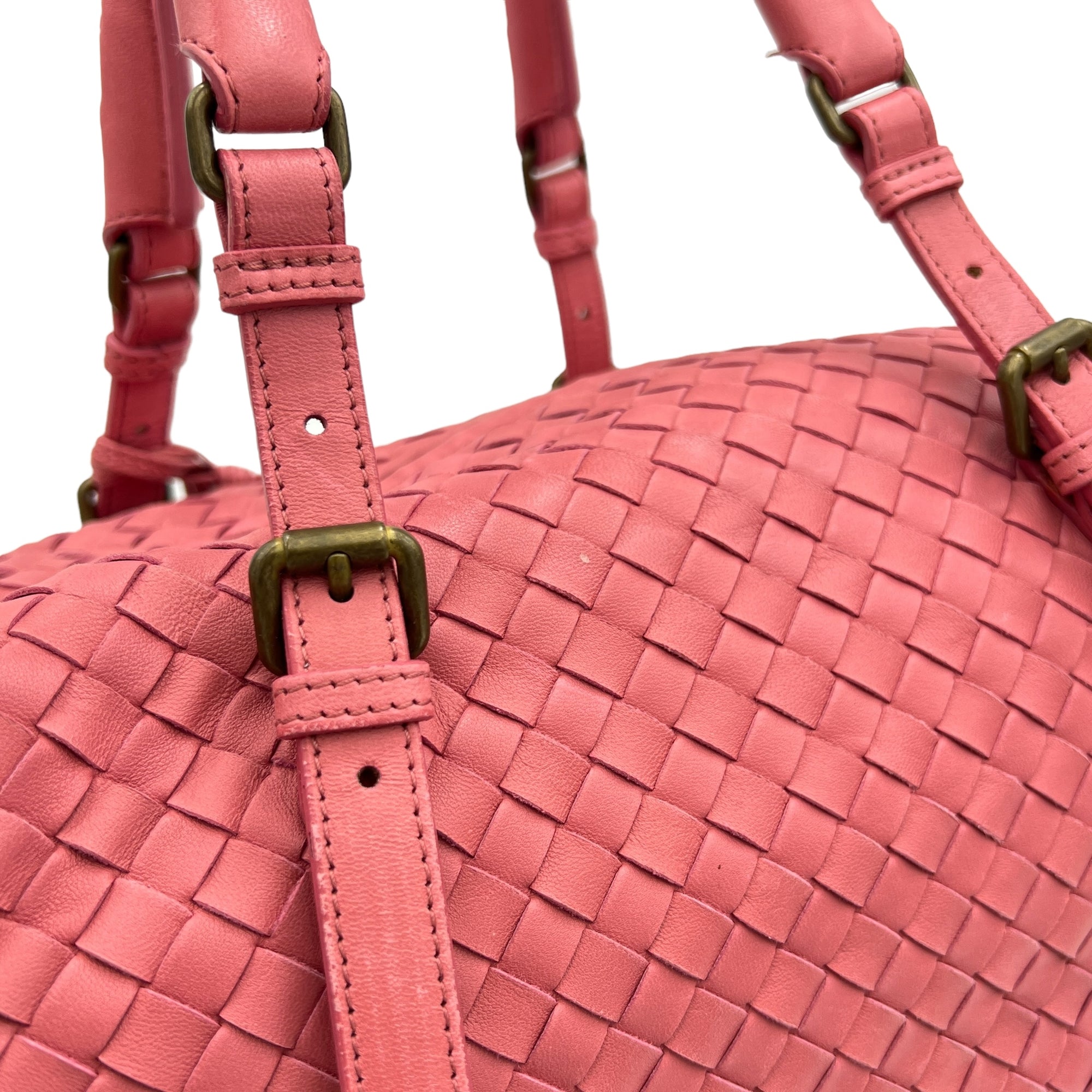 Boston Pink Top Handle Bag in Intrecciato Leather, Brushed Gold hardware