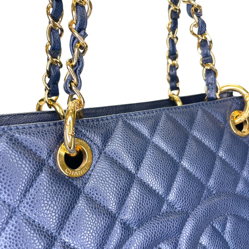 GST Grand Shopping Tote Medium Blue Tote Bag in Caviar Leather, Gold hardware