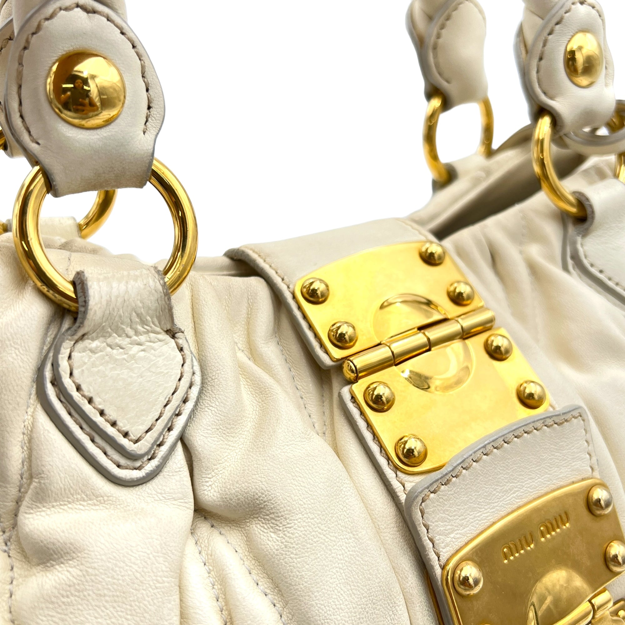 Matelassé White Top Handle Bag in Lambskin, Gold hardware