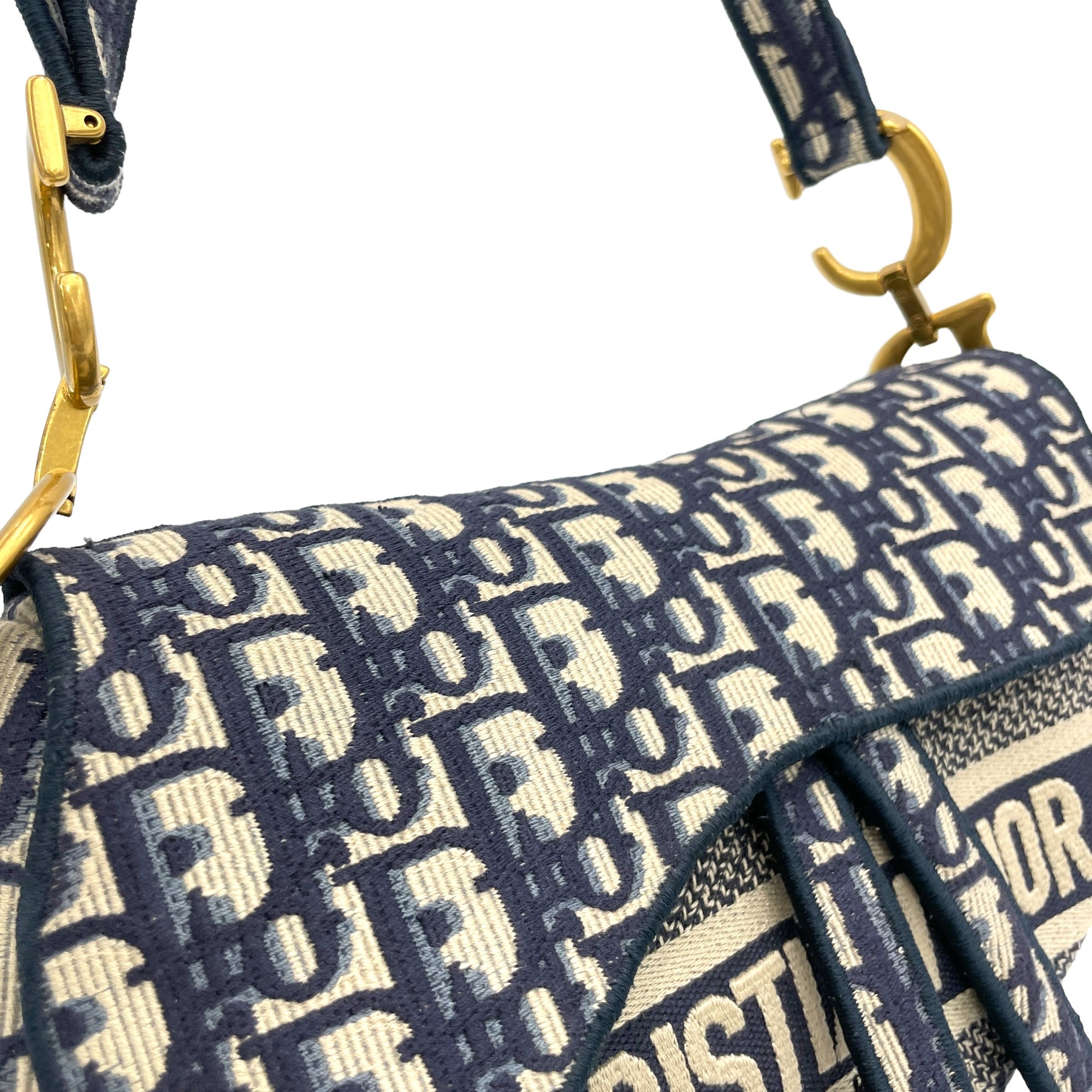 Saddle Medium Blue Top Handle Bag in Jacquard, Gold hardware