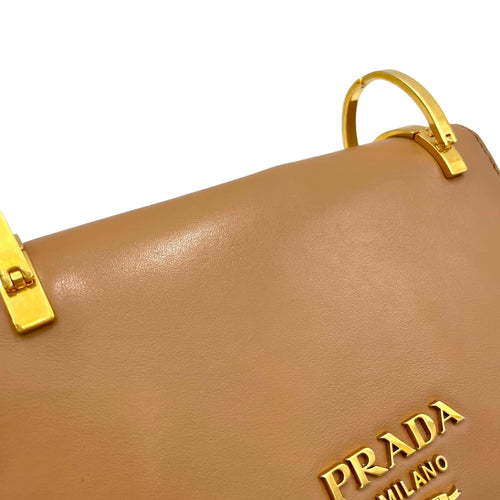 Logo Brown Shoulder Bag in Calfskin, Gold hardware