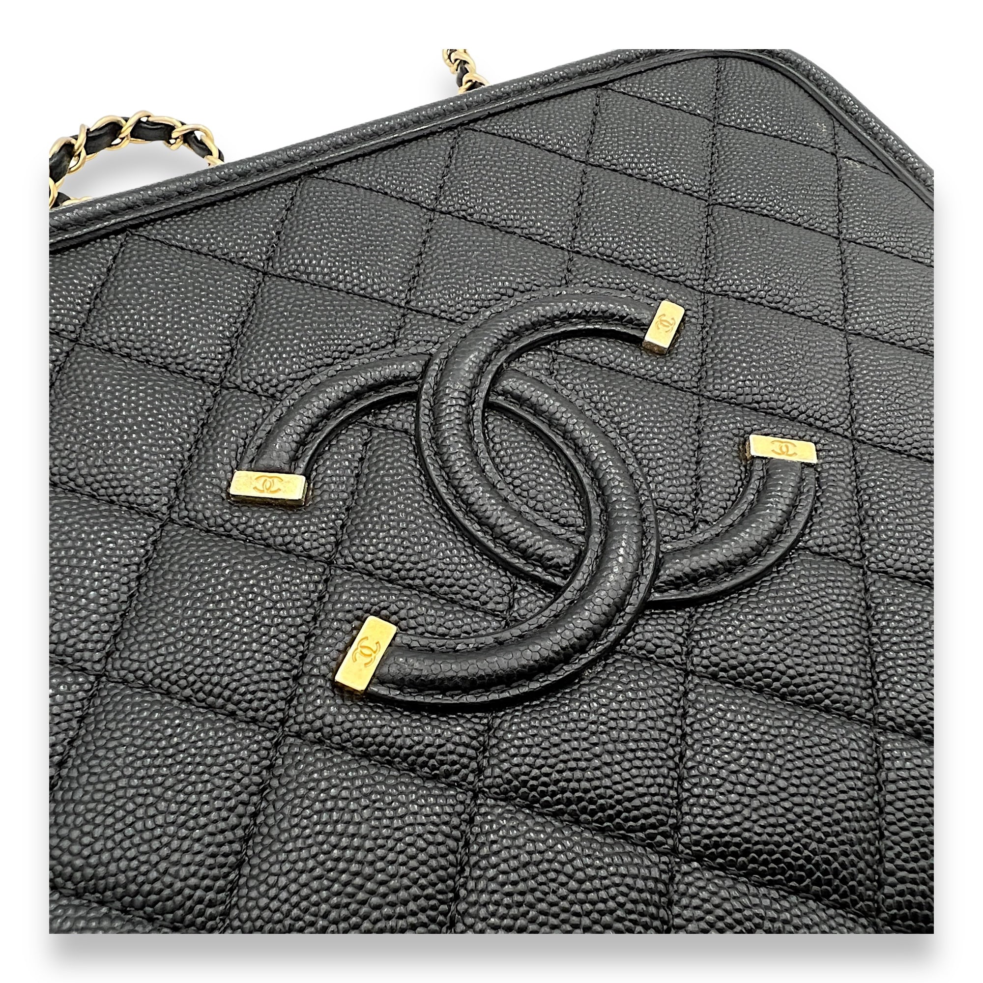 Filigree Large Black Vanity Bag in Caviar Leather, Gold hardware