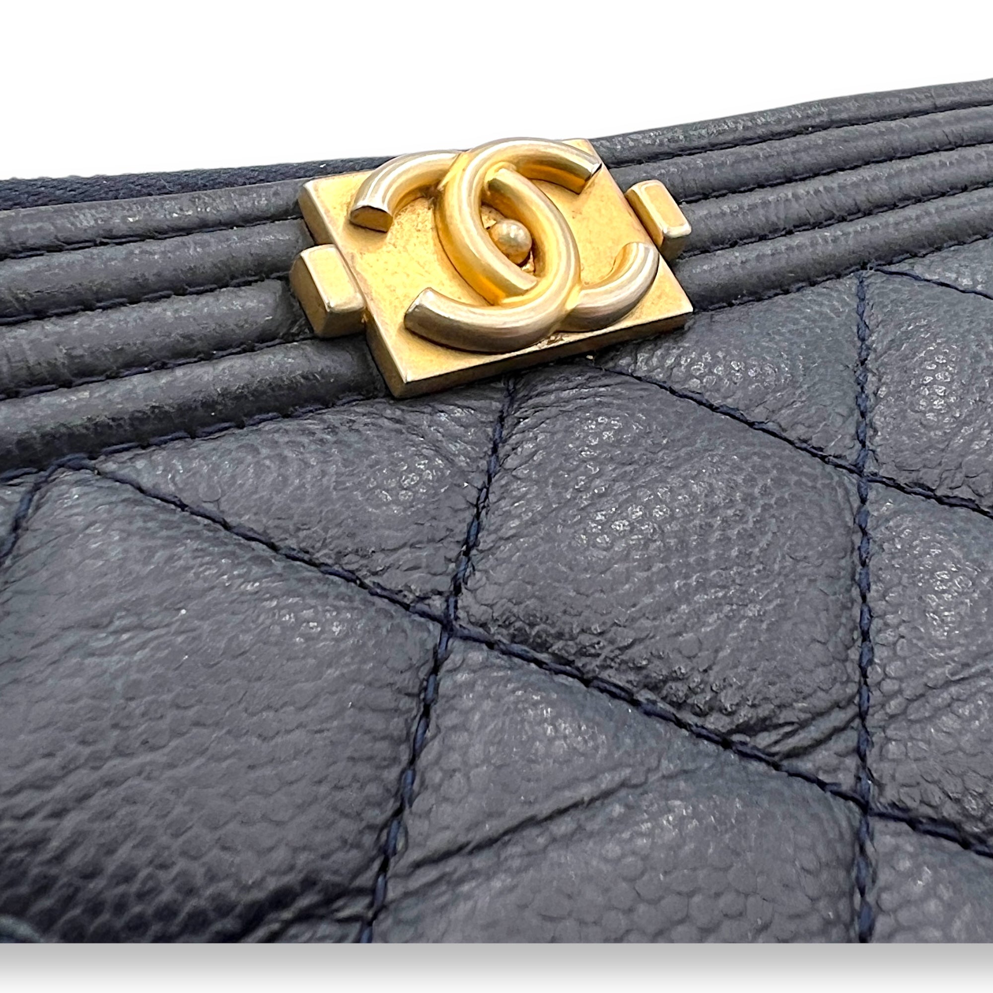 Boy O Case Medium Blue Pouch in Caviar Leather, Gold hardware