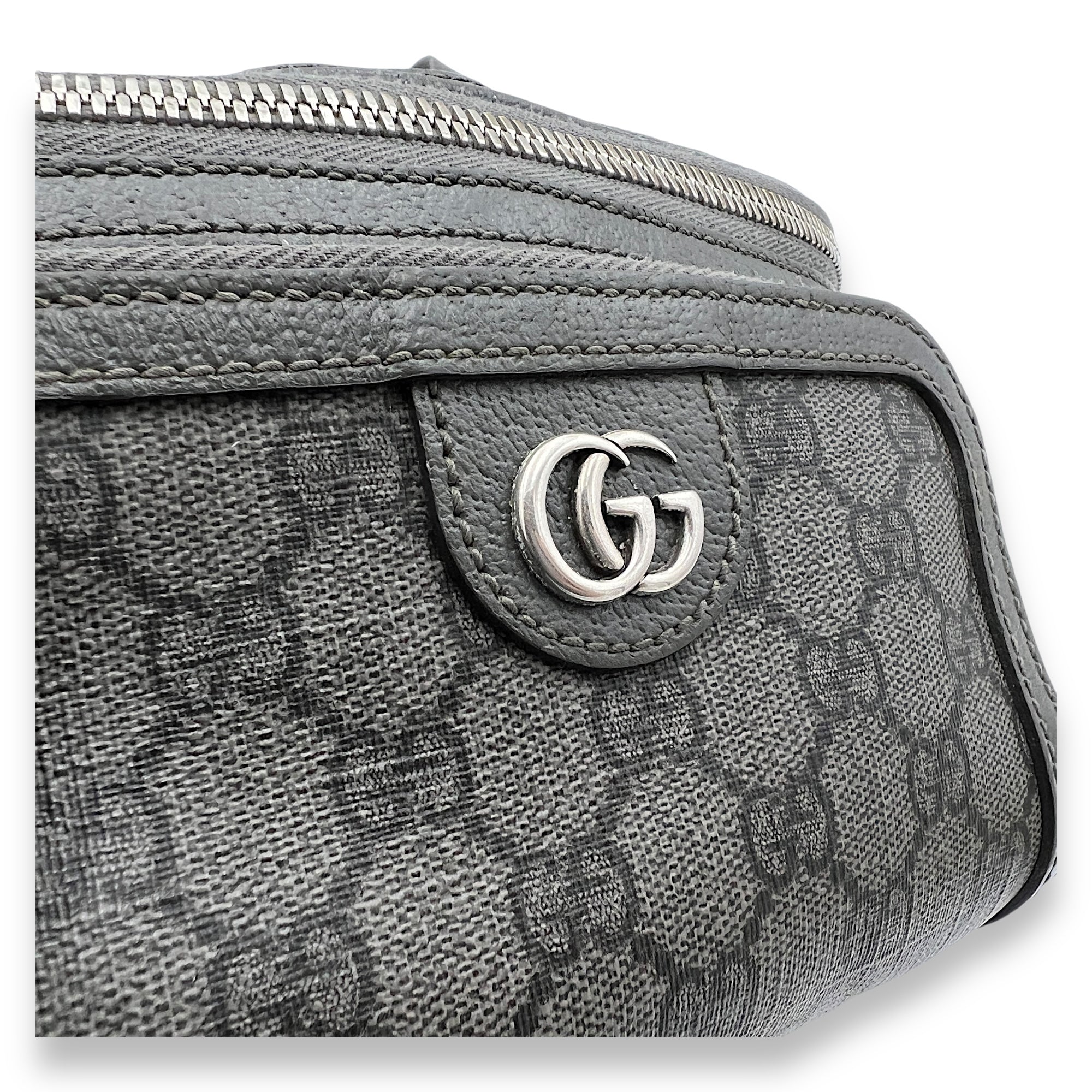 Ophidia Small Grey Belt Bag in Monogram Coated Canvas, Silver hardware